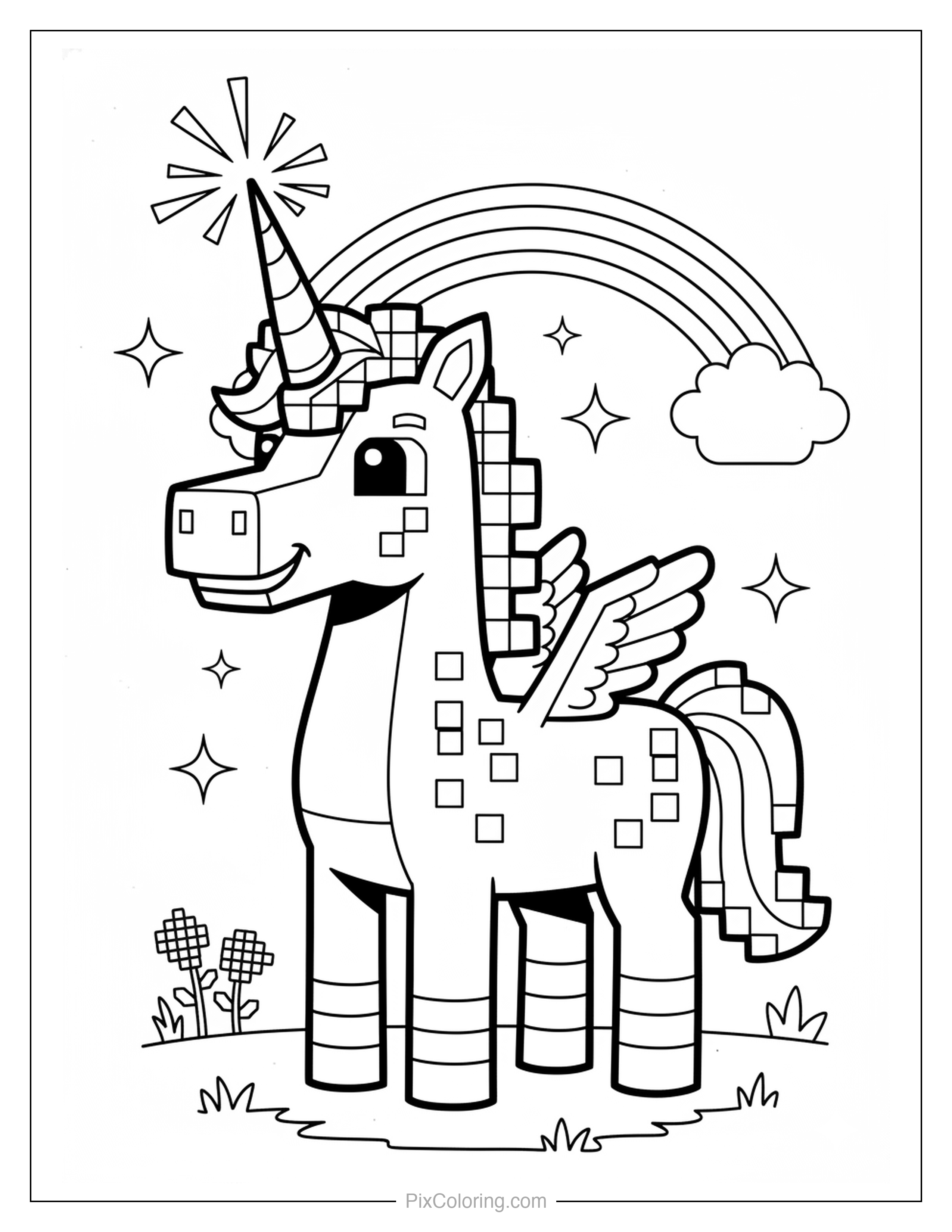 A blocky pixel-art winged unicorn with a sparkling horn standing in a meadow under a big rainbow coloring page for kids