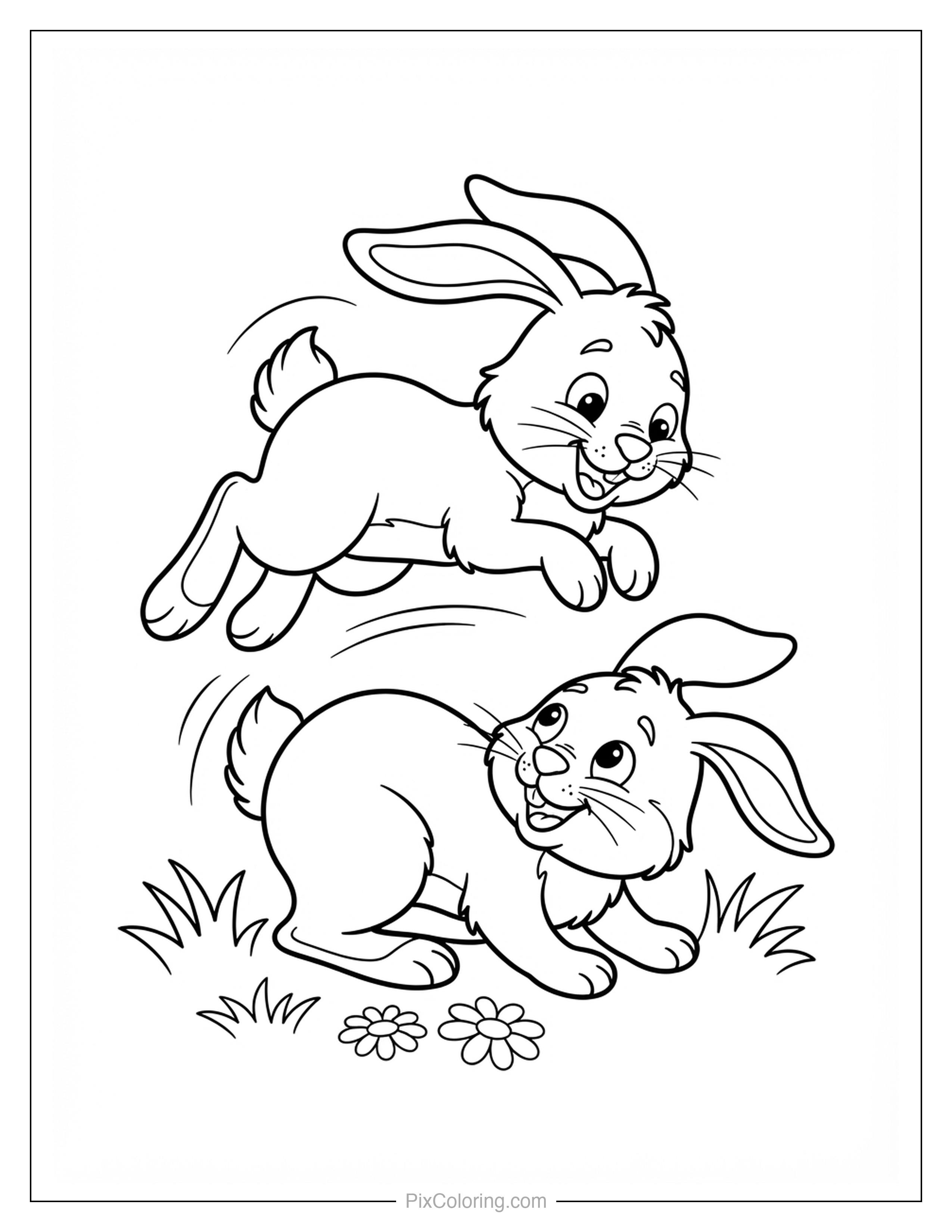 Two cute cartoon bunnies jumping and playing together in the grass coloring page for kids