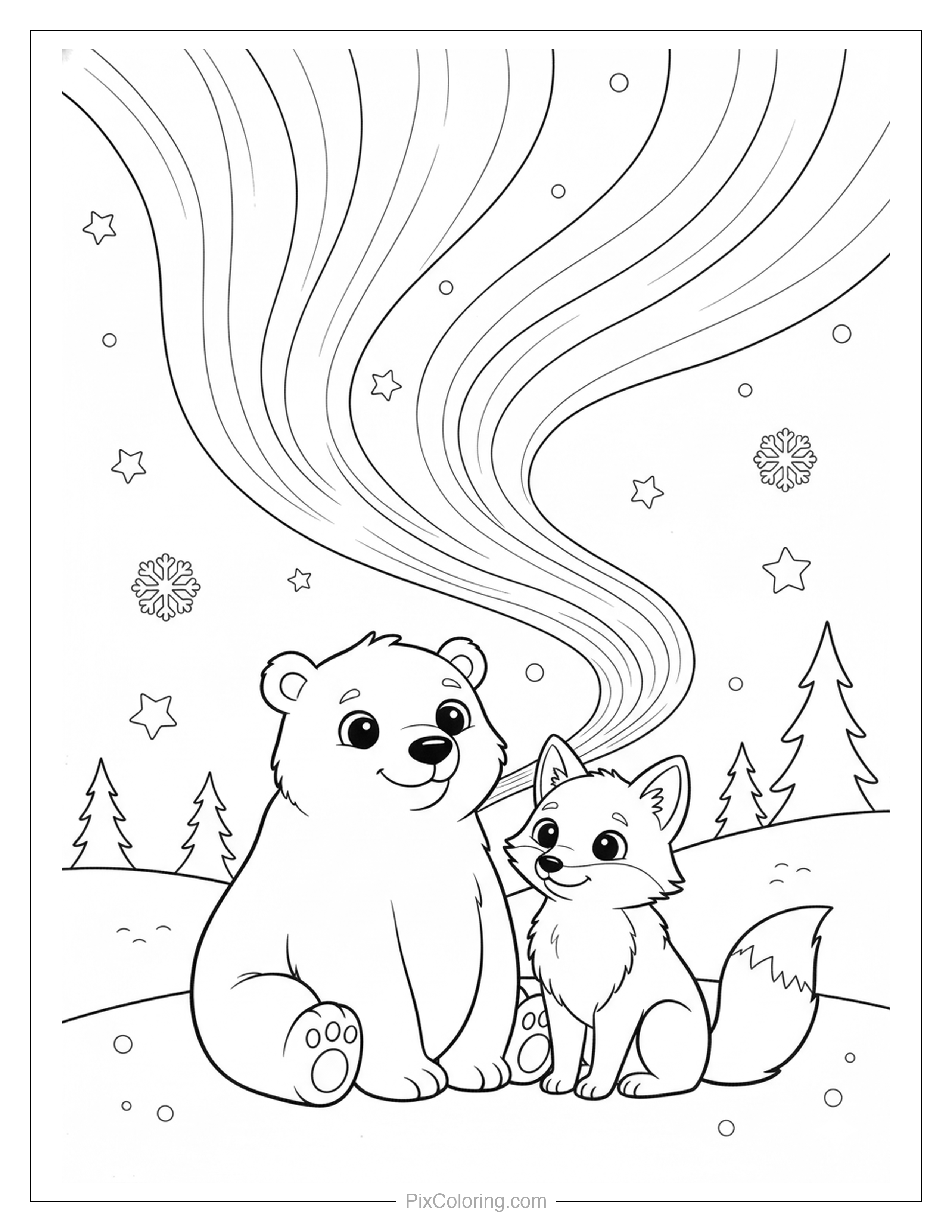 Cute polar bear and little arctic fox sitting together under a swirling aurora borealis sky with pine trees and stars coloring page for kids