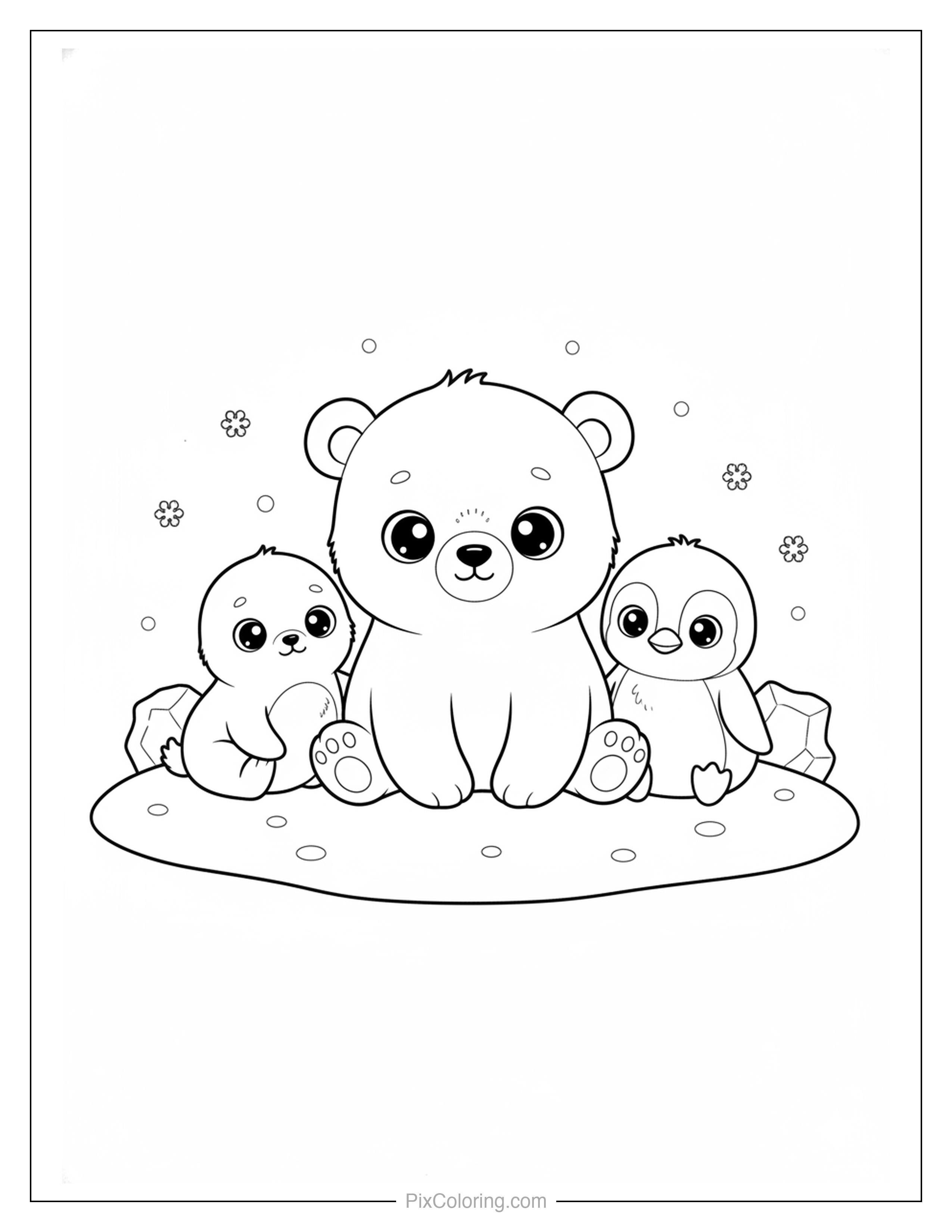 Three adorable arctic baby animals — a polar bear cub, a baby seal, and a baby penguin — sitting together on an ice patch coloring page for kids