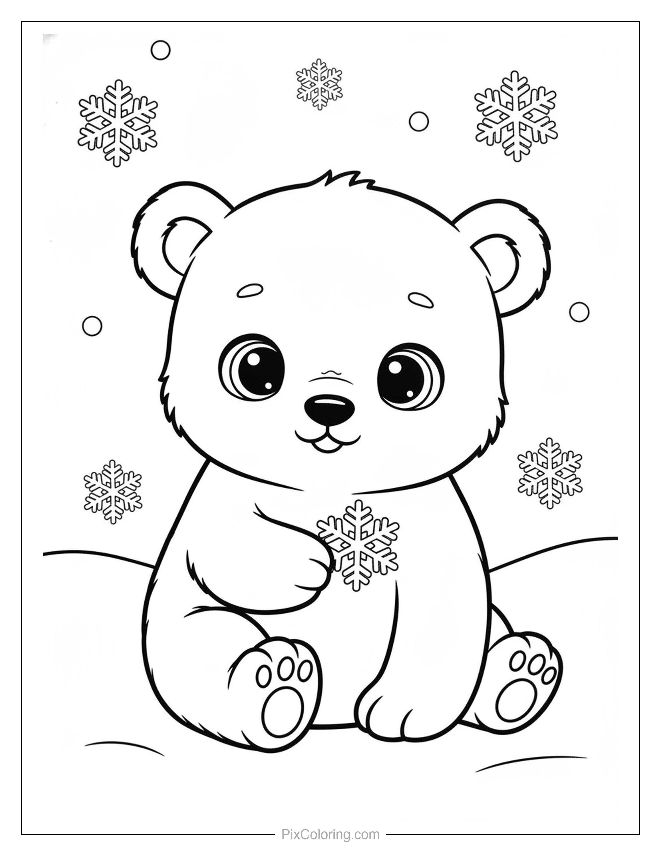 Fluffy baby polar bear with big sparkly eyes holding a snowflake surrounded by falling snowflakes in the snow coloring page for kids