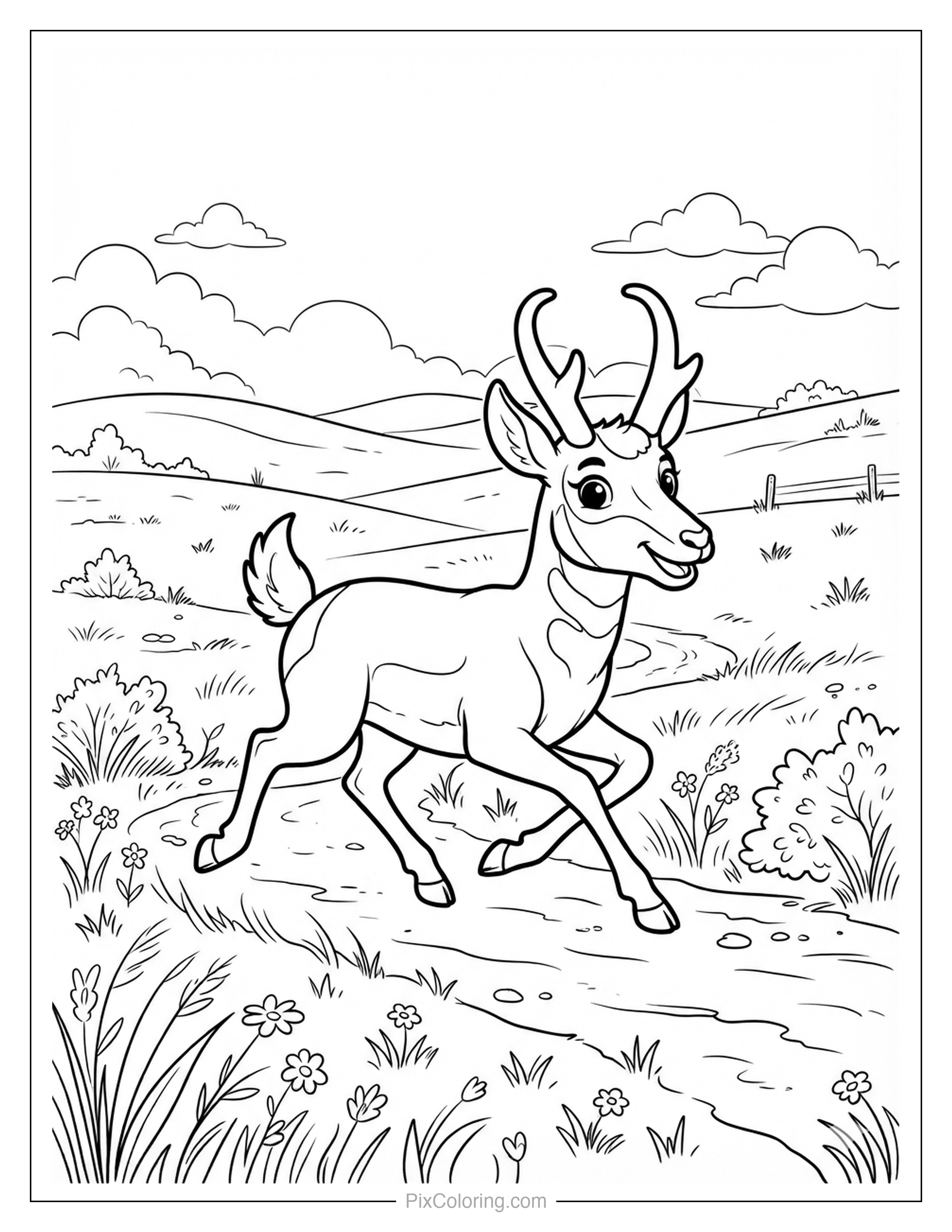 Pronghorn antelope running across a grassy field with rolling hills in the background coloring page for kids