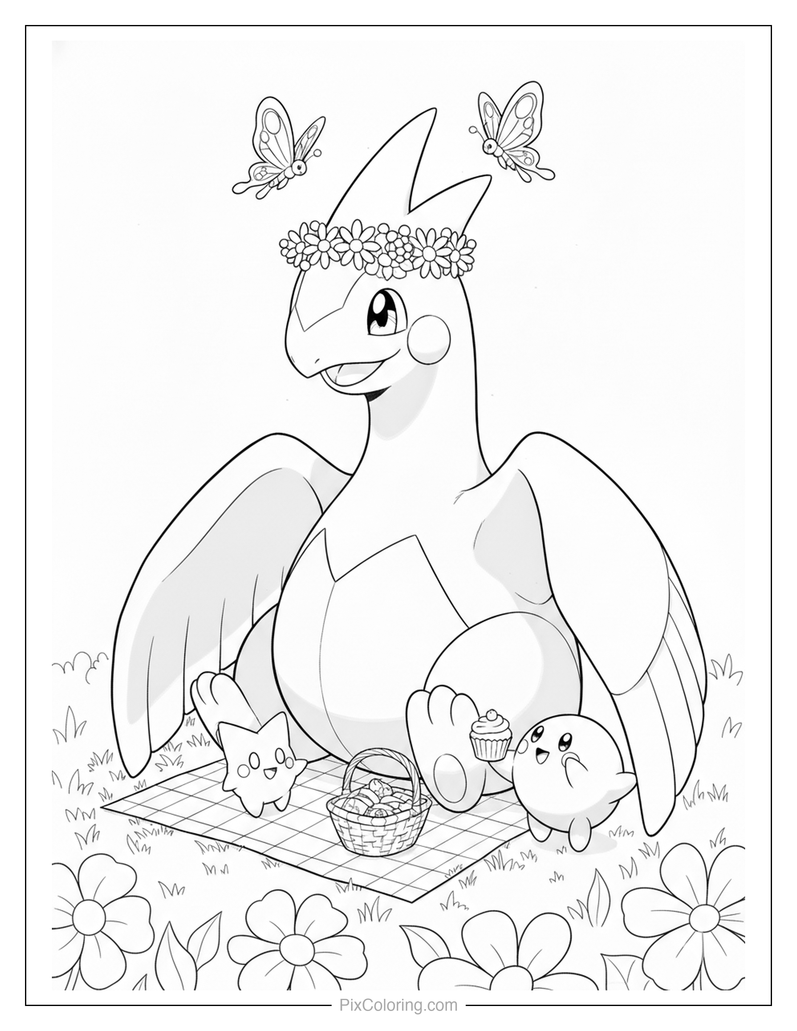 A sweet pterodactyl dinosaur wearing a flower crown sitting on a picnic blanket with little bird friends and a basket of goodies coloring page for kids