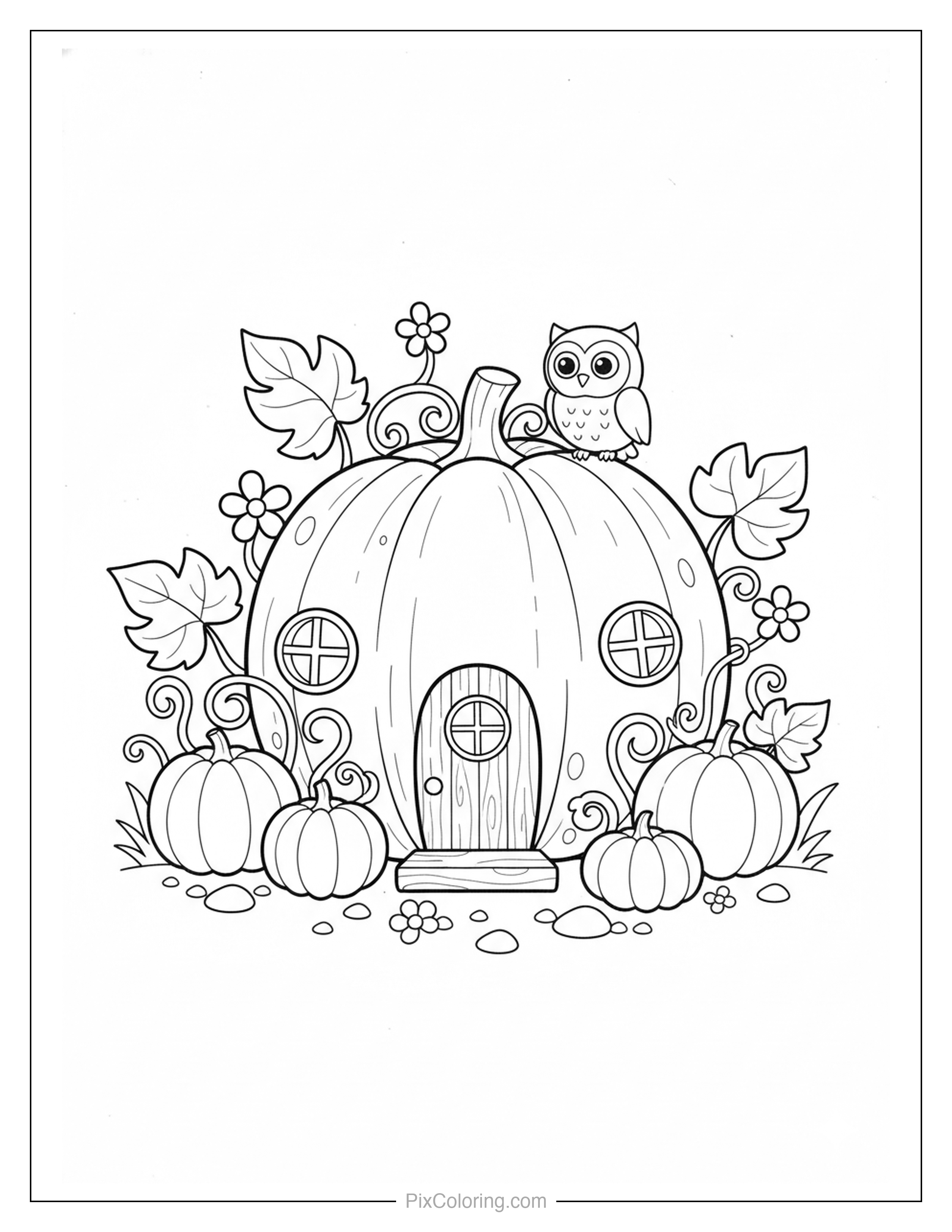Pumpkin-shaped house with an owl on top surrounded by small pumpkins and curling autumn vines coloring page for kids