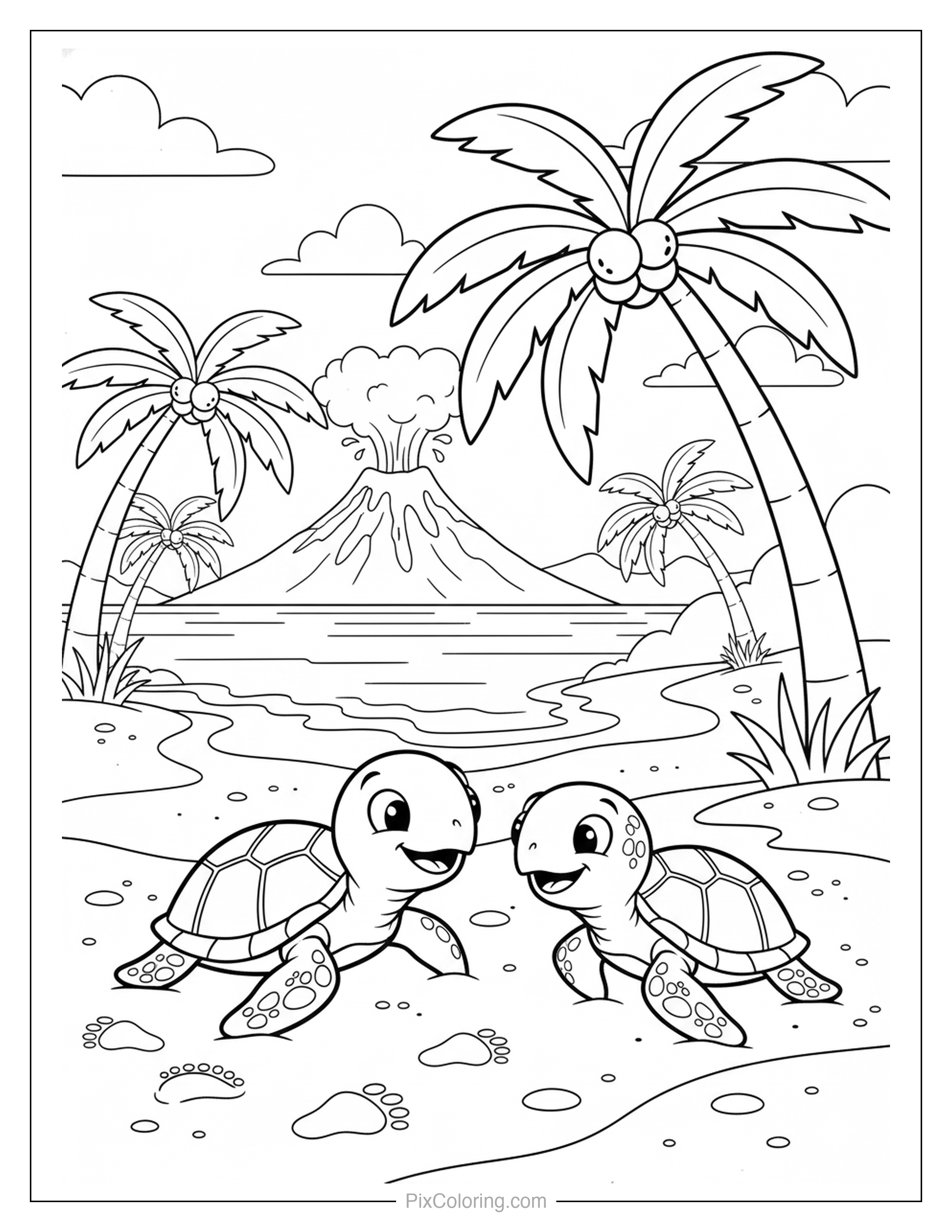 Two cute sea turtles on a tropical beach with palm trees and a volcano in the background coloring page for kids
