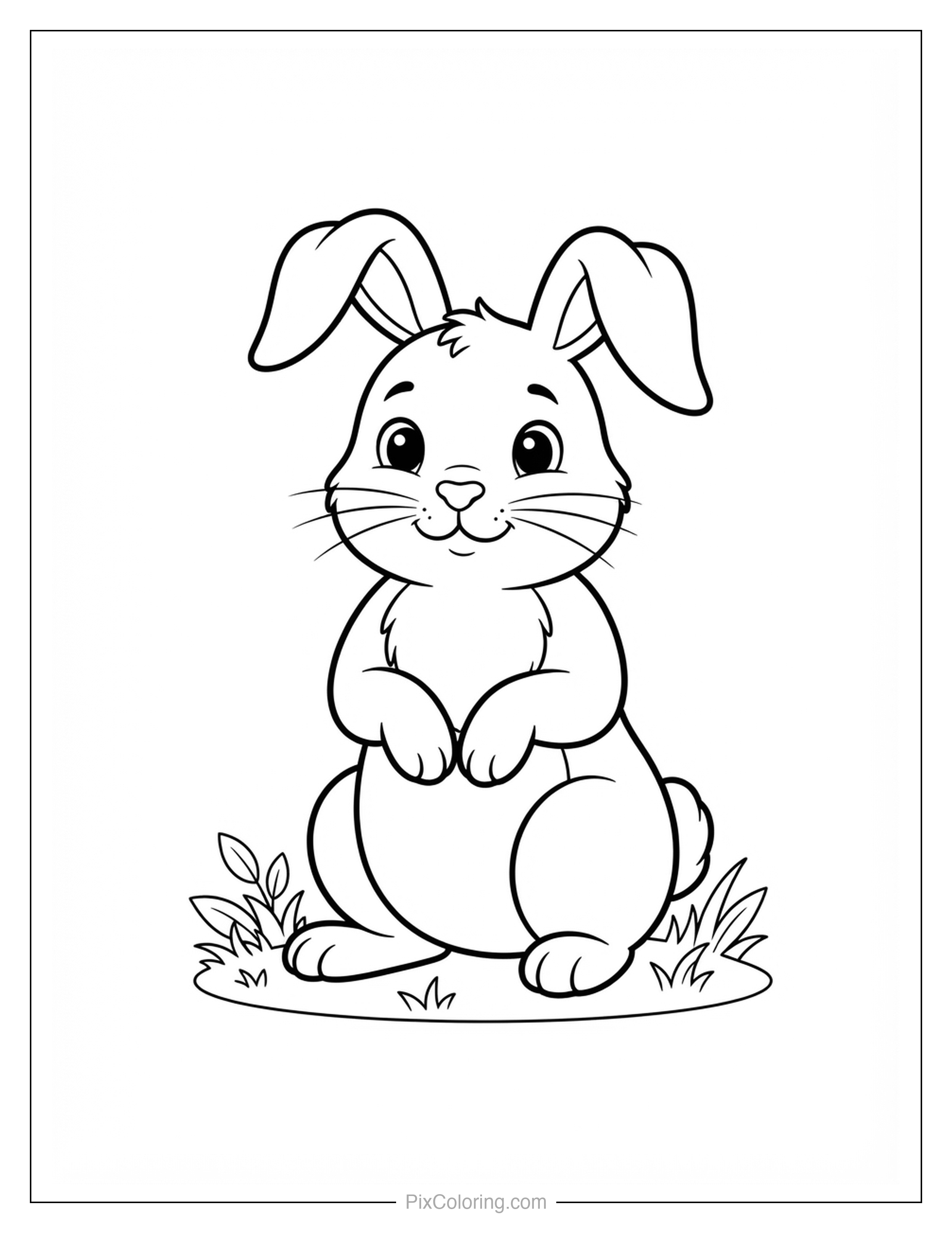 Cute cartoon bunny sitting up with paws together on the grass coloring page for kids