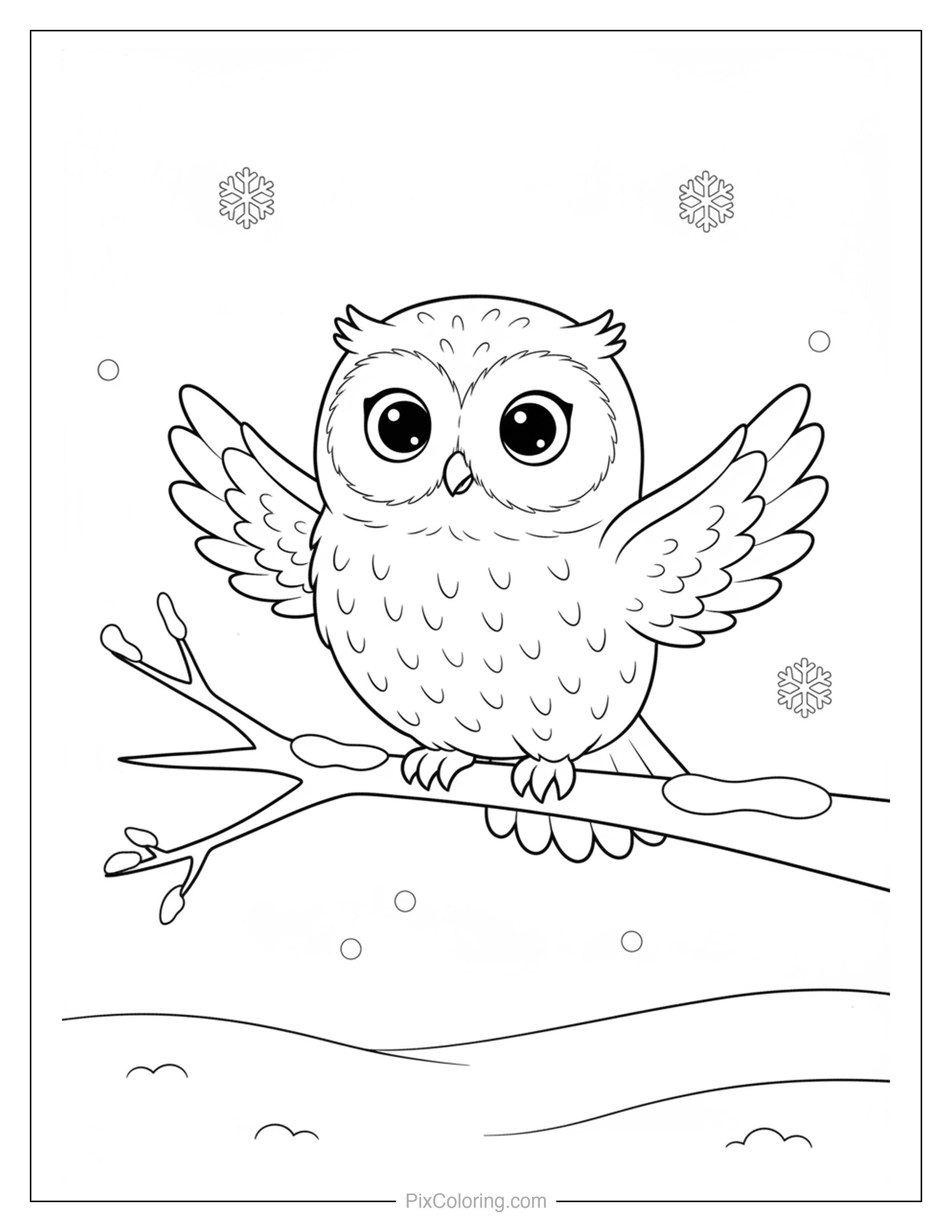 Cute round snowy owl with big eyes spreading its wings on a winter branch with snowflakes falling around it coloring page for kids