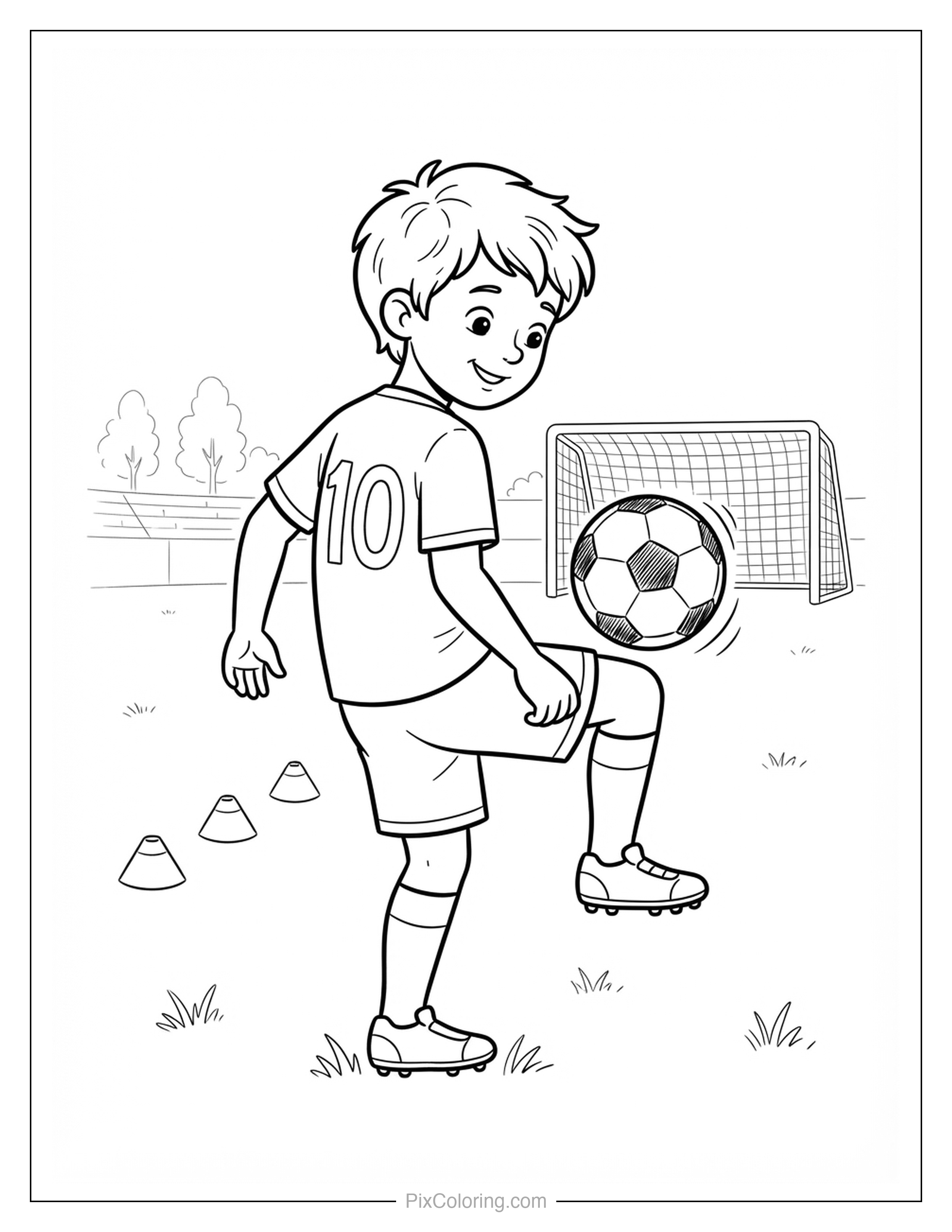 Boy practicing soccer ball juggling with his knee near training cones in the park, coloring page for kids
