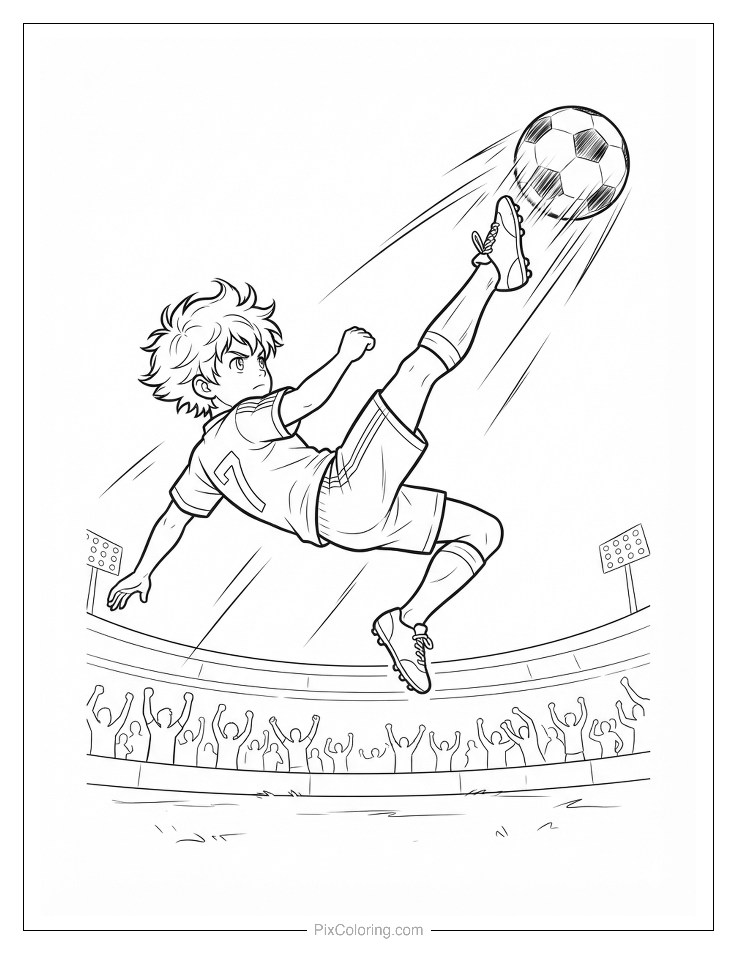 Soccer player performing a dramatic bicycle kick to strike the ball mid-air, coloring page for kids