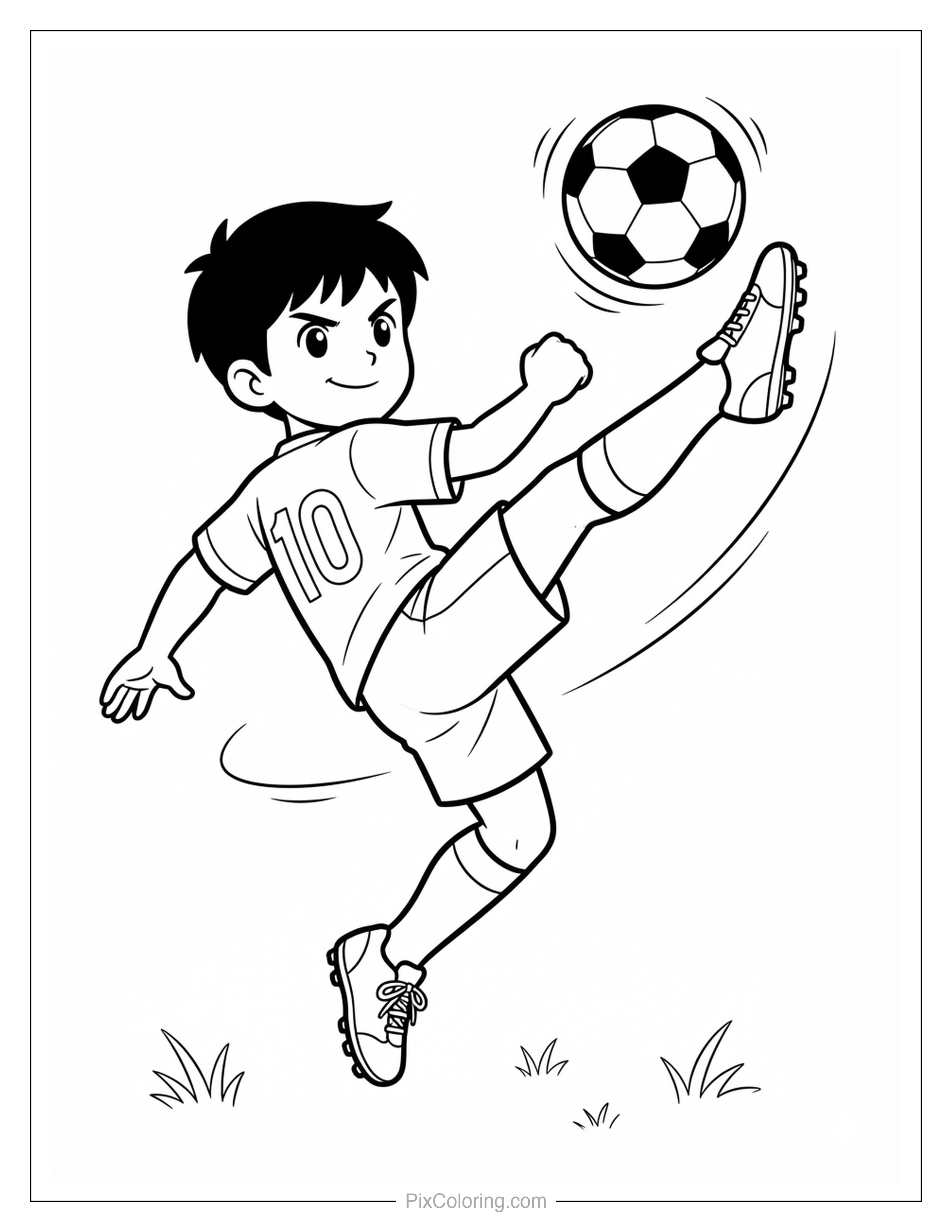 Cheerful boy in a number ten jersey kicking a soccer ball high into the air, coloring page for kids