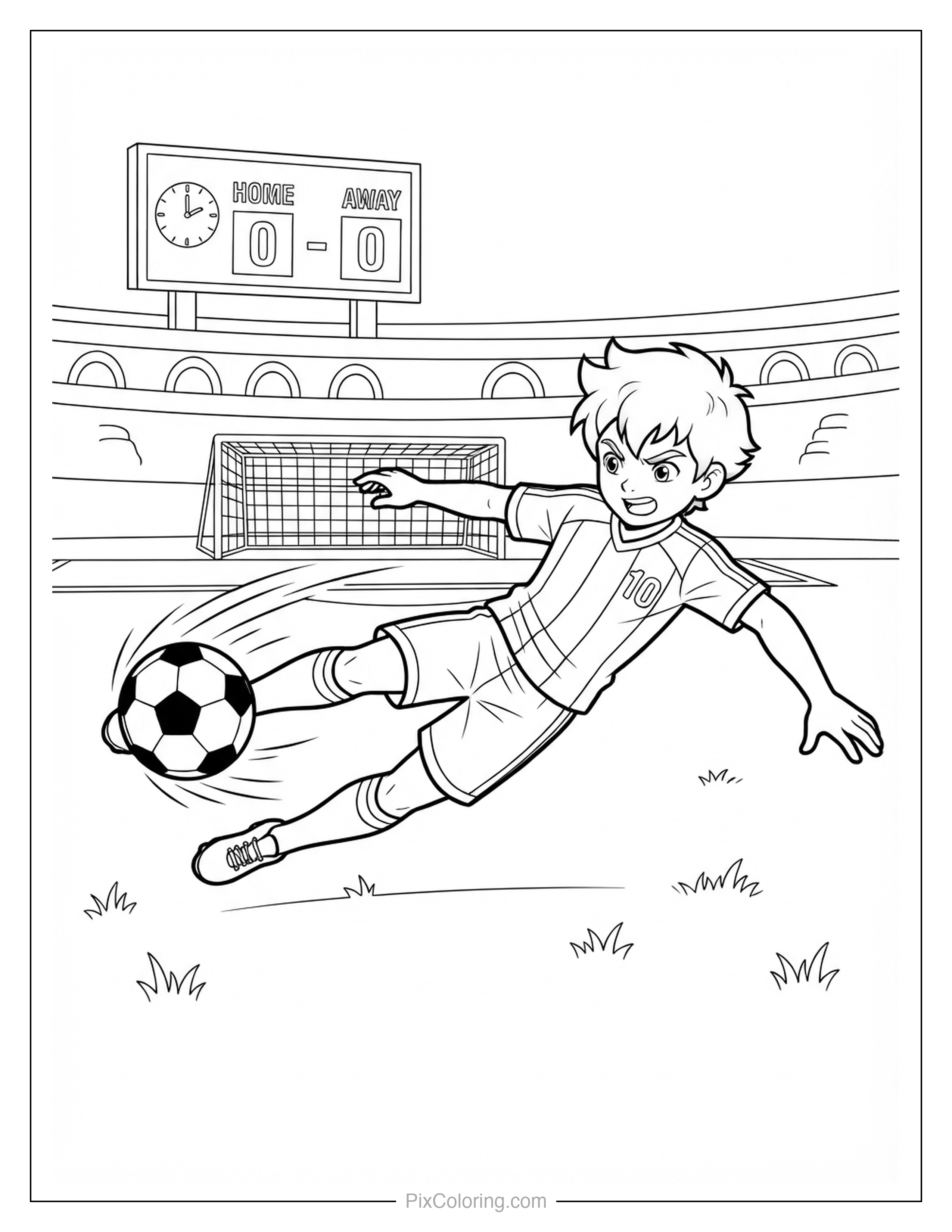 Soccer player diving into a dramatic slide play near the goal, coloring page for kids