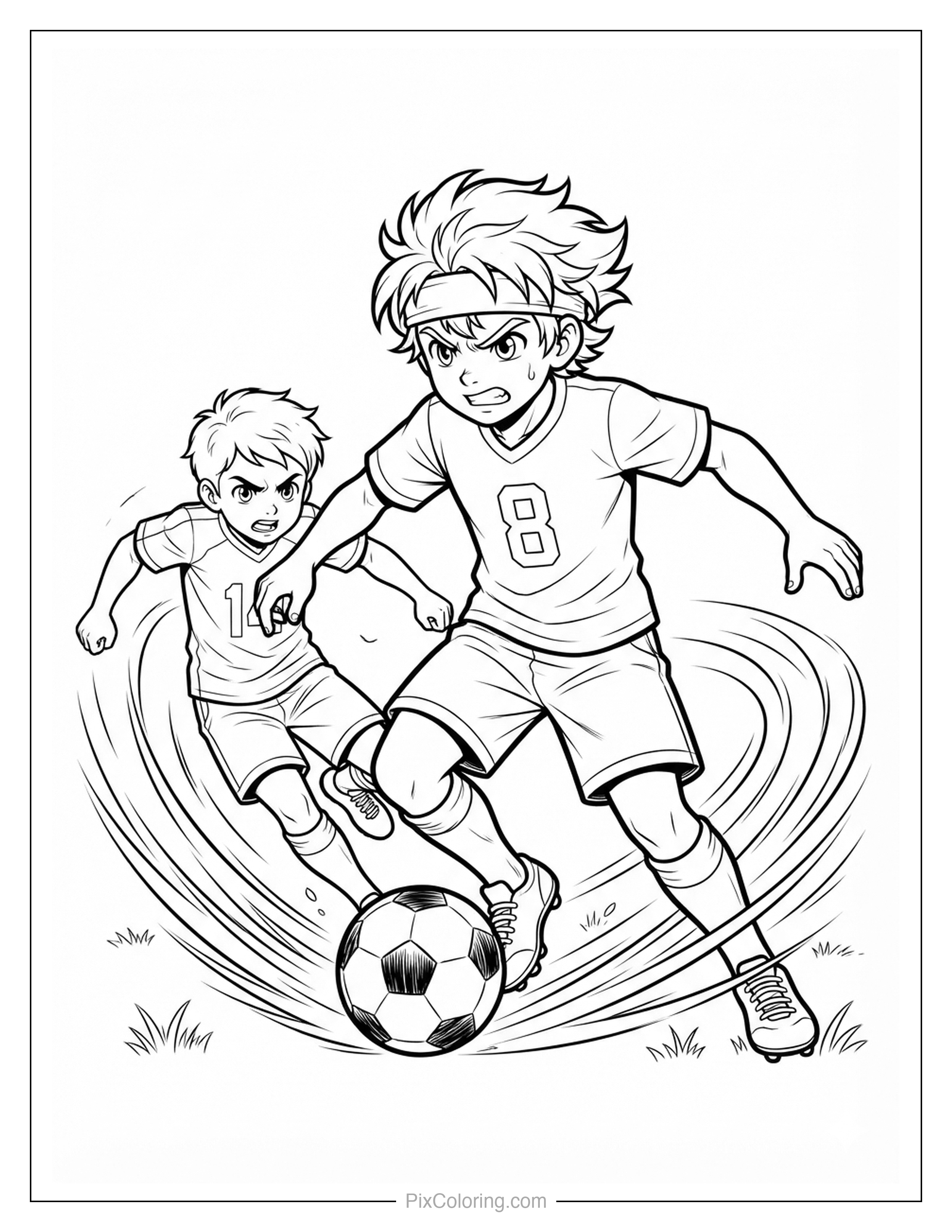 Two soccer players racing side by side to dribble the ball down the field, coloring page for kids