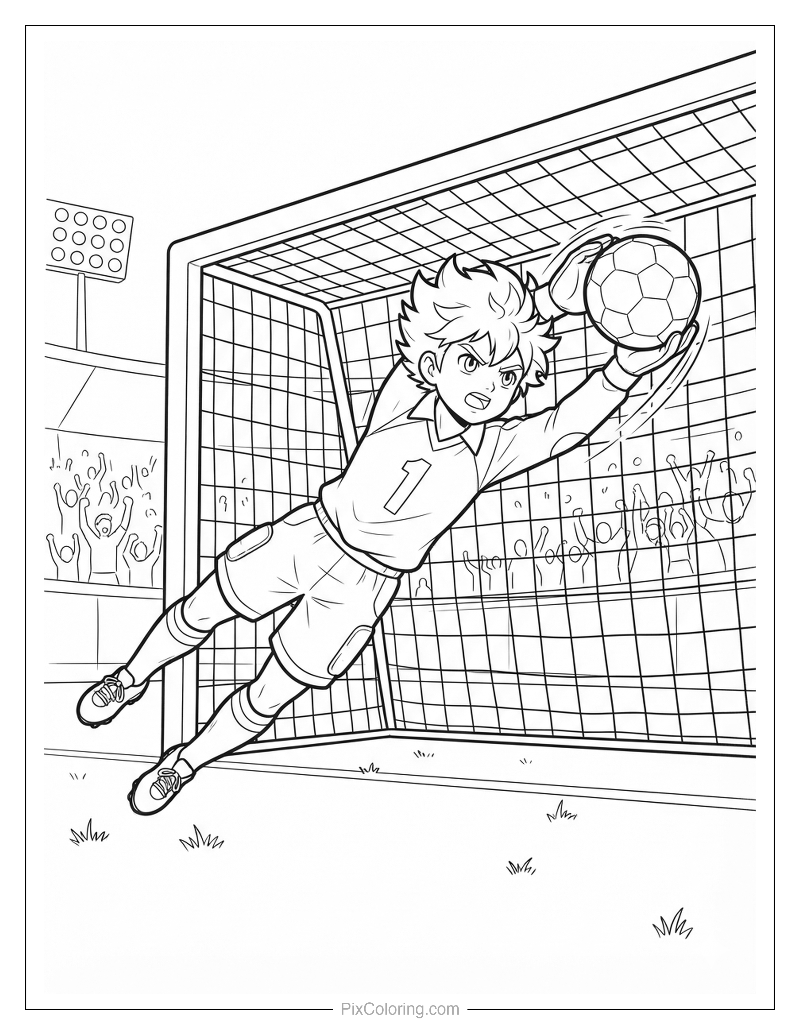 Soccer goalkeeper diving through the air to catch the ball in front of a cheering stadium crowd, coloring page for kids