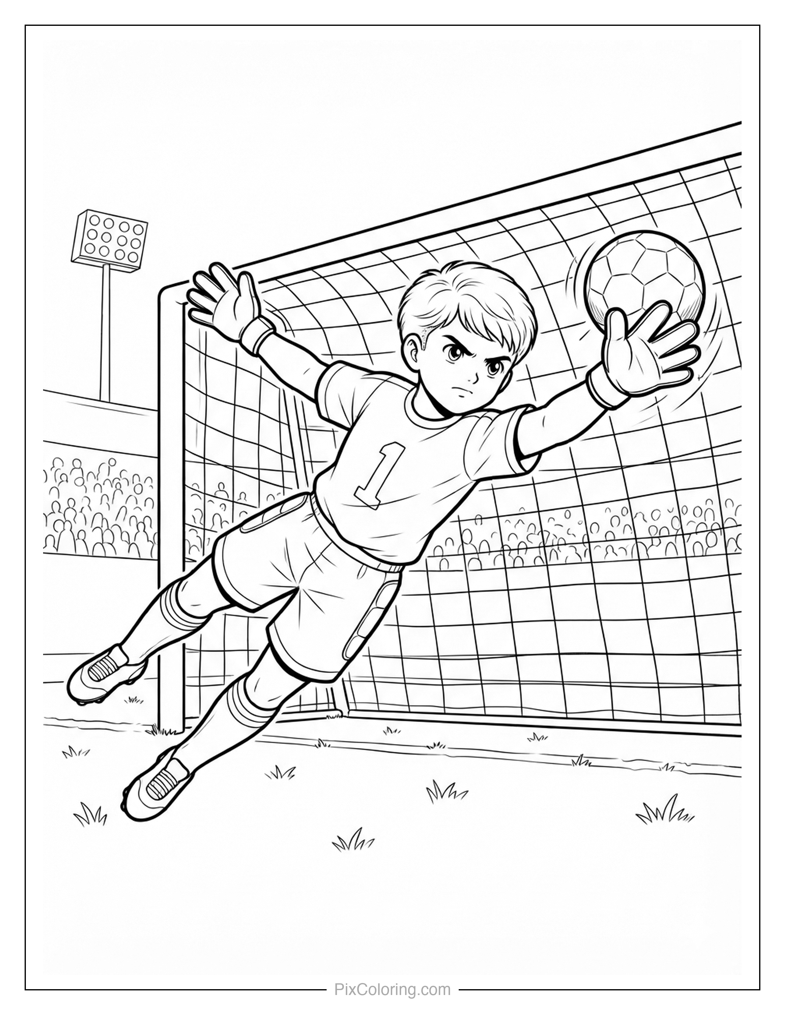 Determined goalkeeper stretching through the air to save the ball at the net, coloring page for kids
