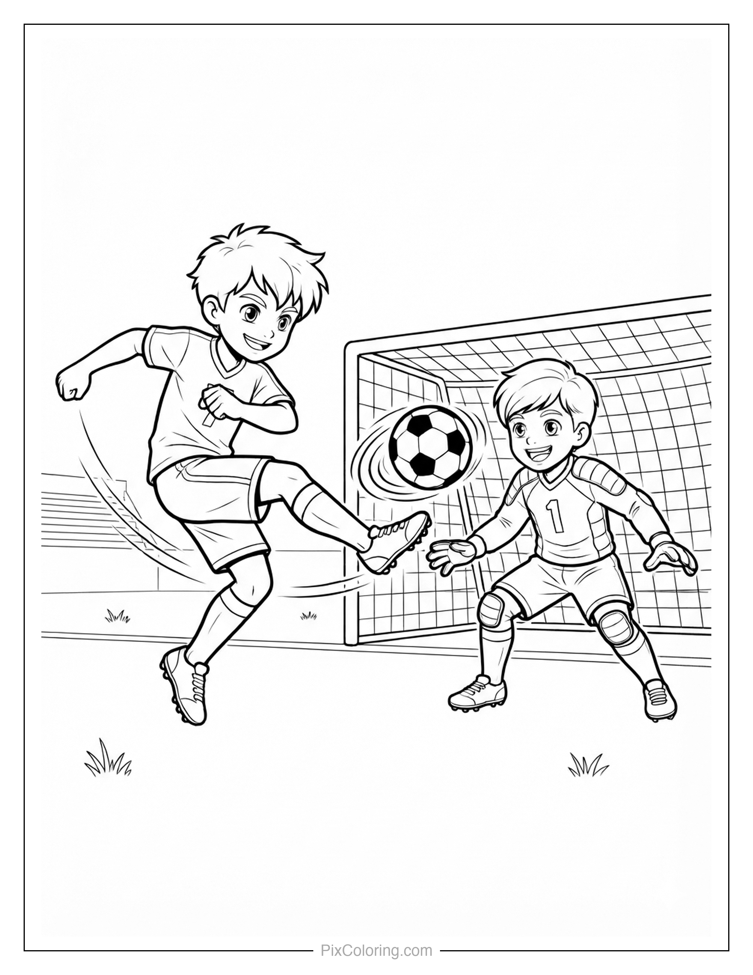 Boy taking a shot on goal while a young goalkeeper tries to block it, coloring page for kids