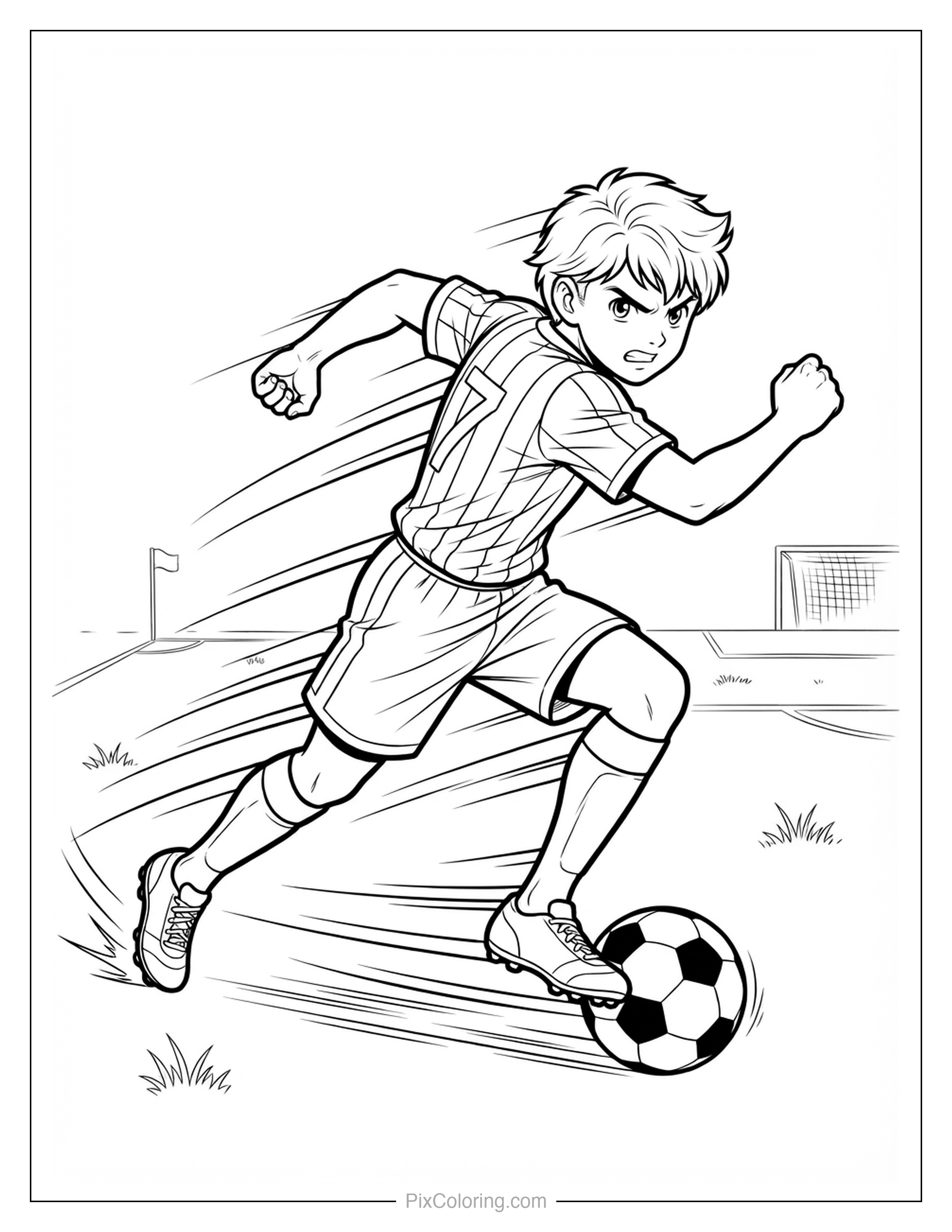 Soccer player sprinting fast down the field while controlling the ball, coloring page for kids