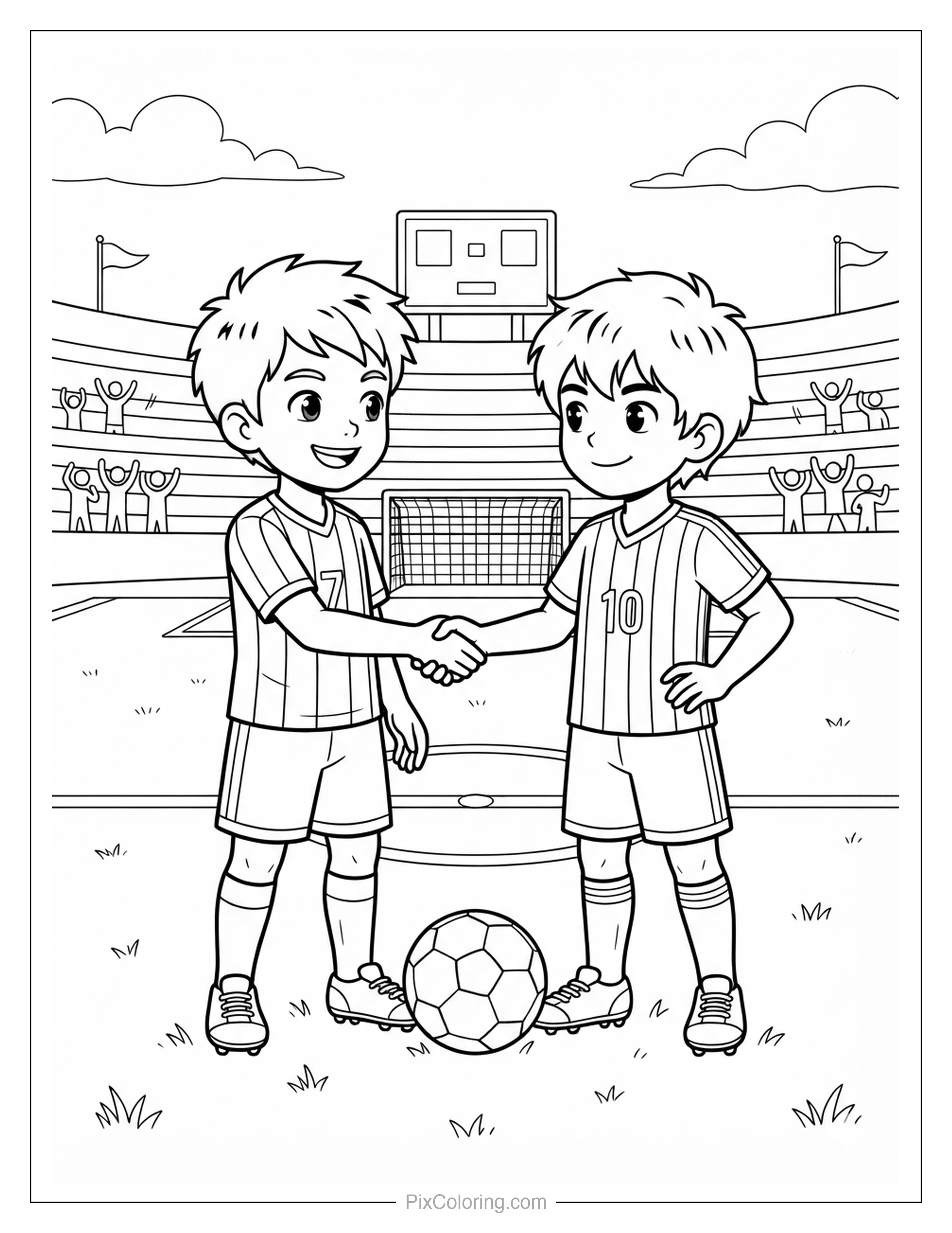 Two soccer players shaking hands before a match in a cheering stadium, coloring page for kids