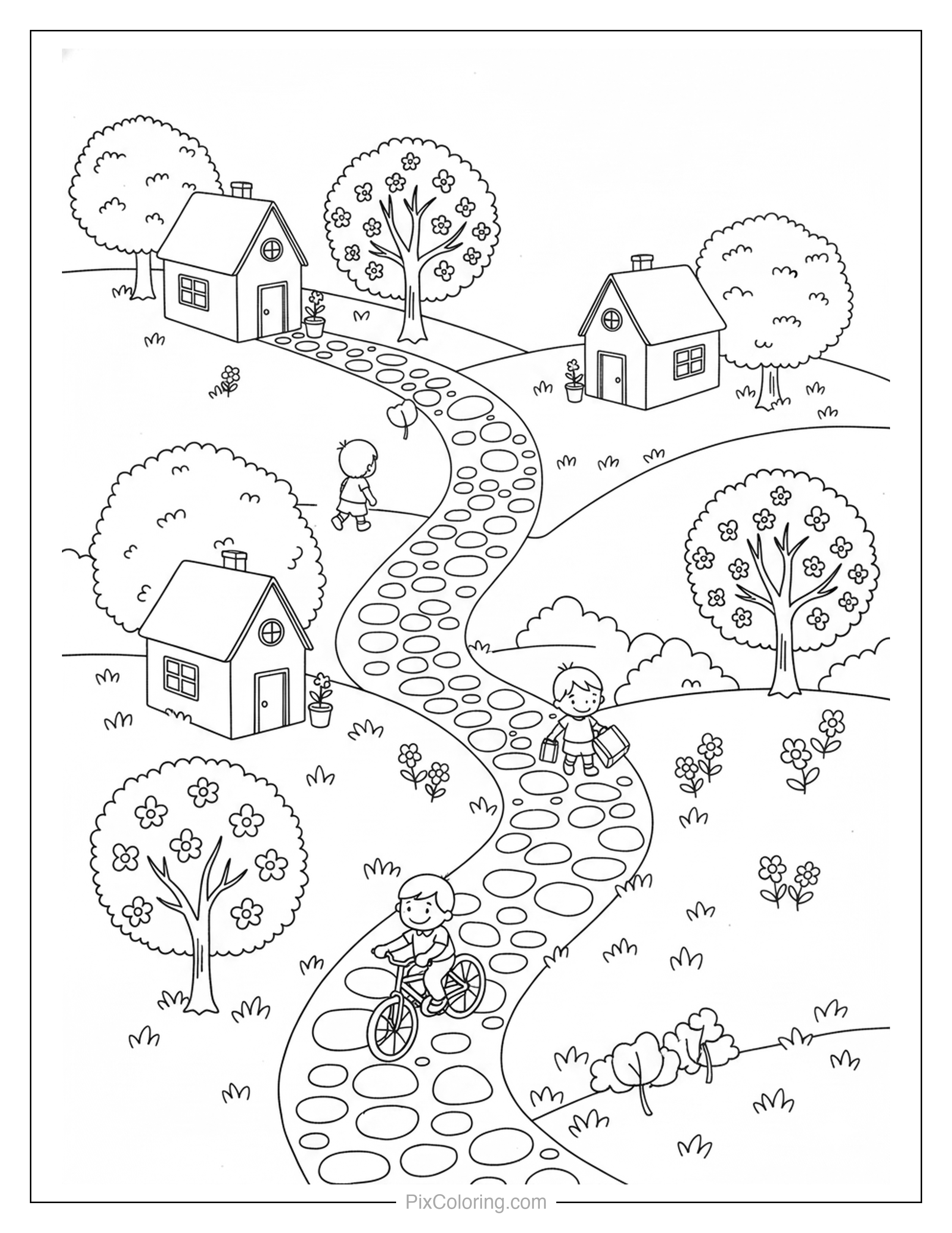 A cheerful spring village scene with children walking and riding a bicycle on a cobblestone path with blooming trees and cozy houses coloring page for kids