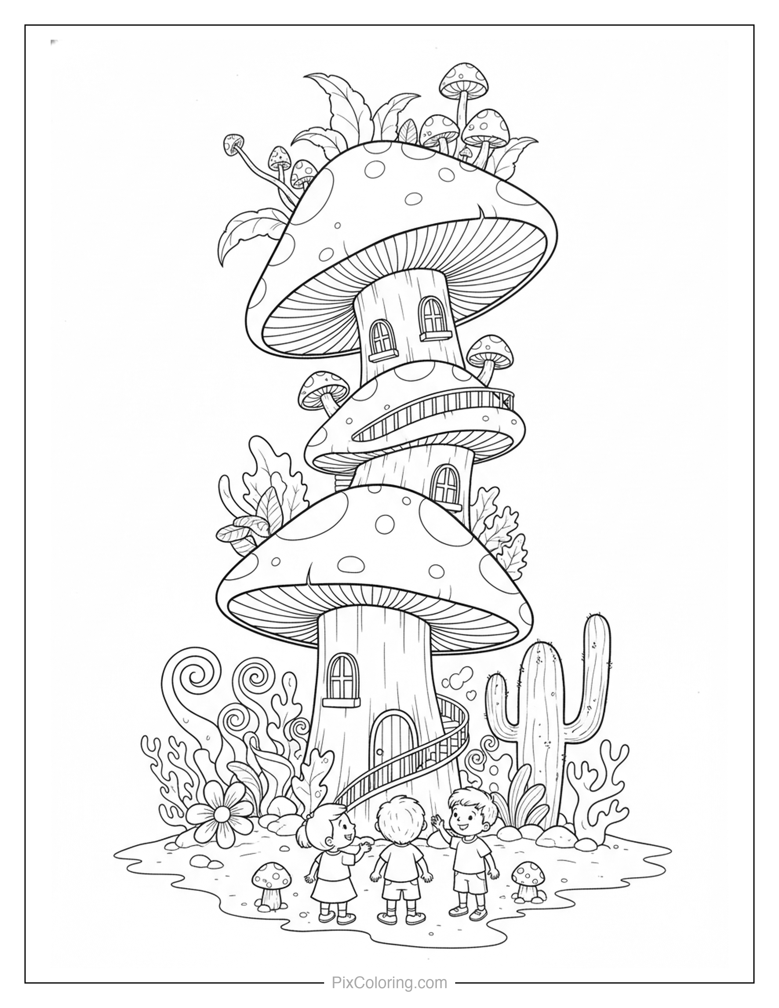 Three children looking up in wonder at a tall stacked mushroom house with windows and a door, surrounded by swirly plants and a cactus coloring page for kids