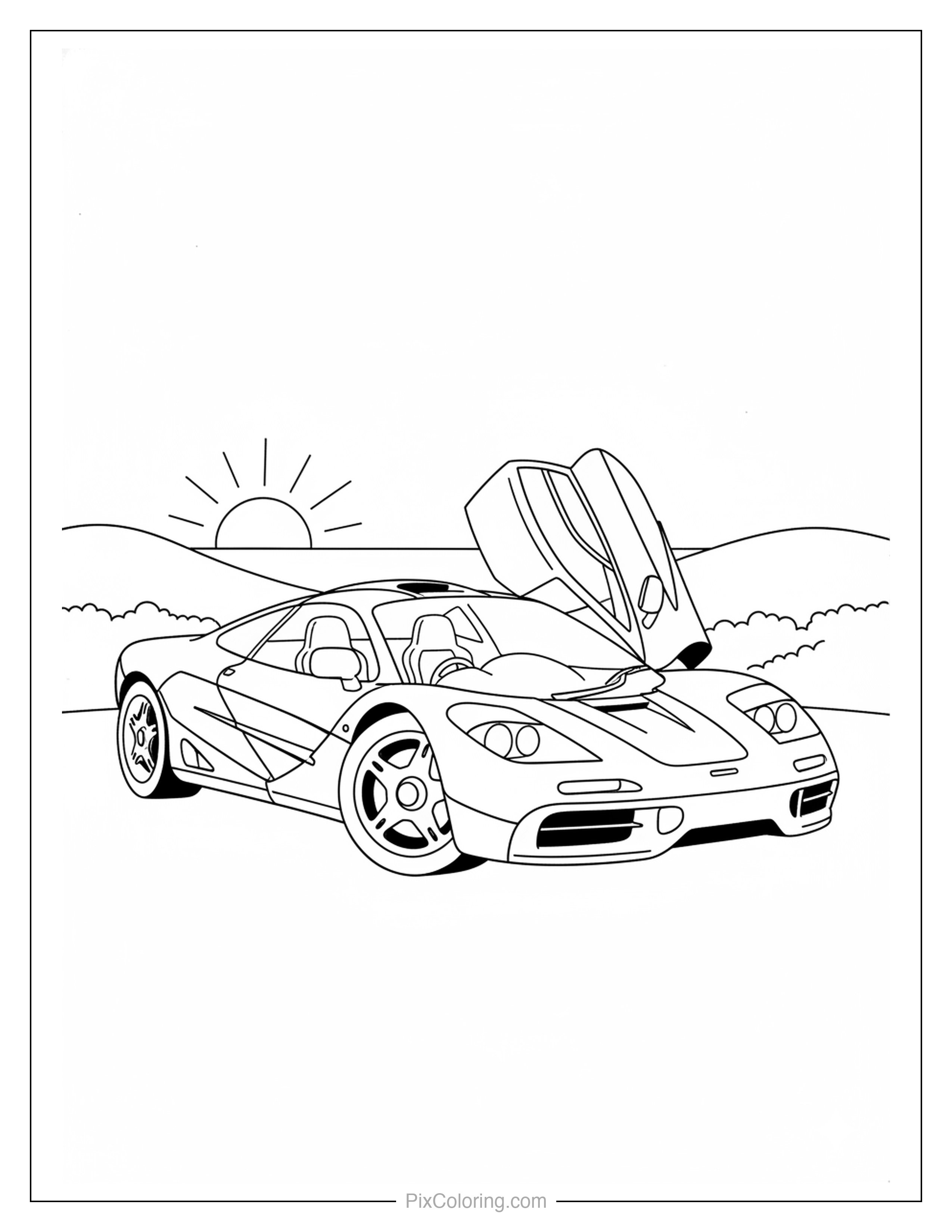 Supercar with scissor door open on a sunny day coloring page for kids