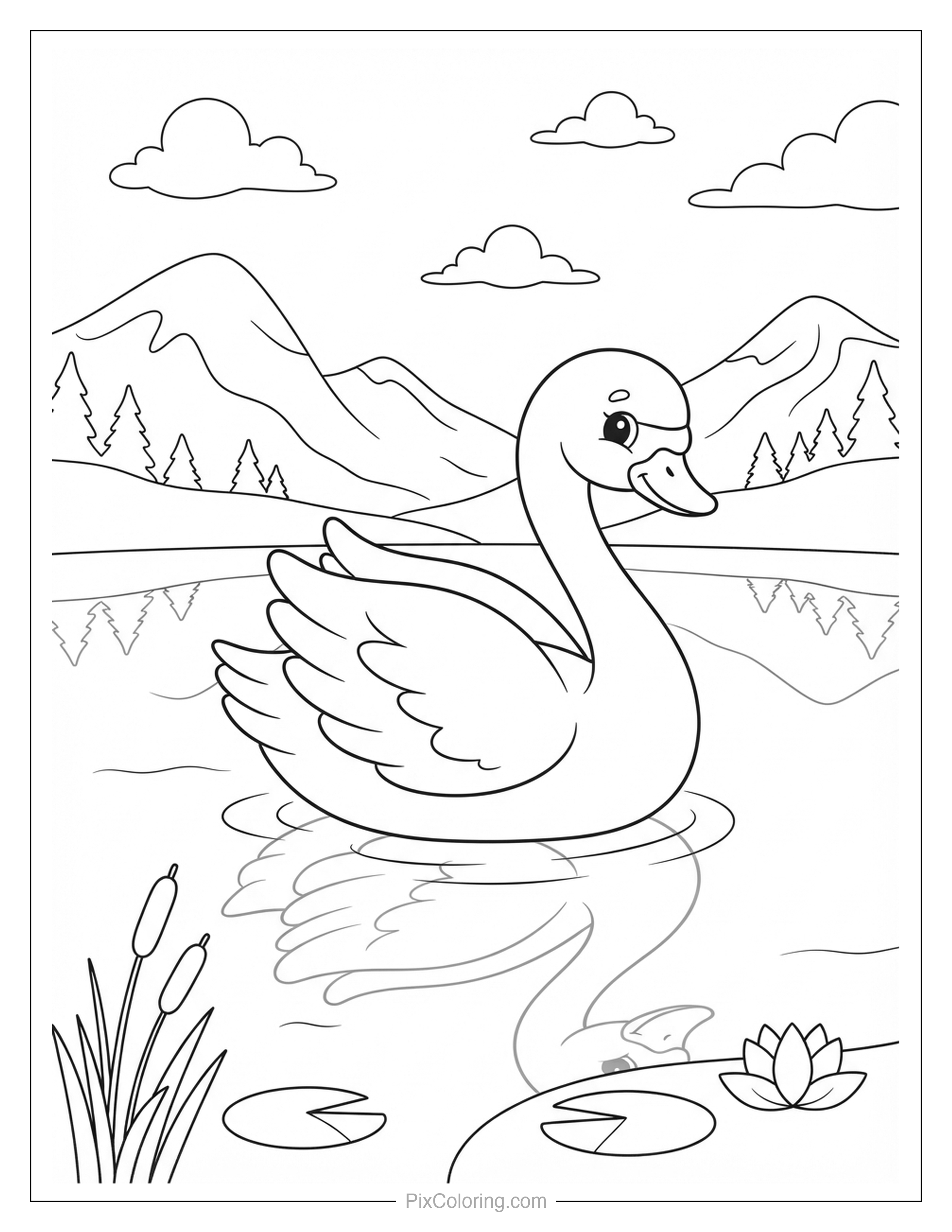 Graceful swan gliding across a calm mountain lake surrounded by cattails and lily pads coloring page for kids
