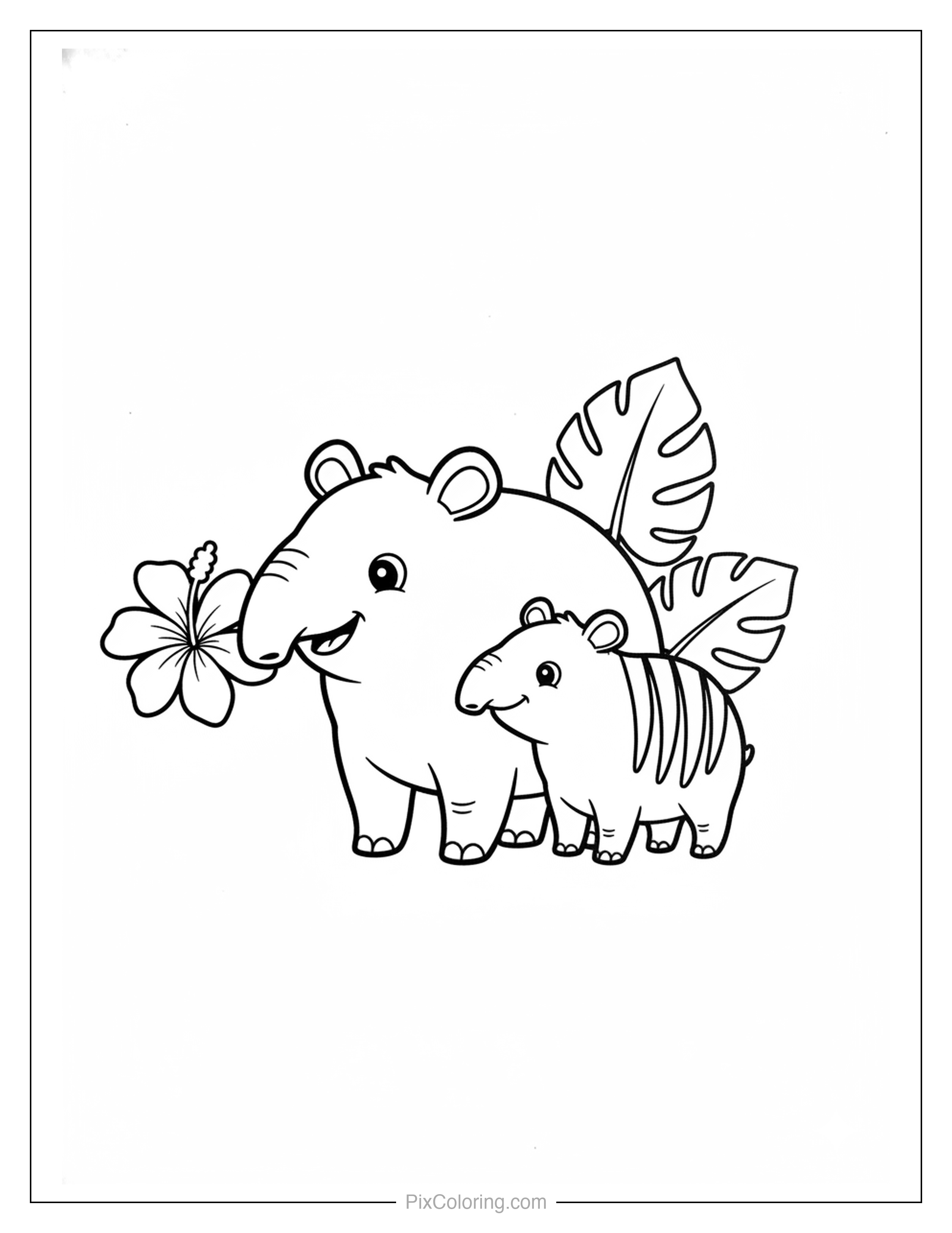 Cute mama tapir nuzzling her striped baby tapir surrounded by a hibiscus flower and tropical monstera leaves coloring page for kids