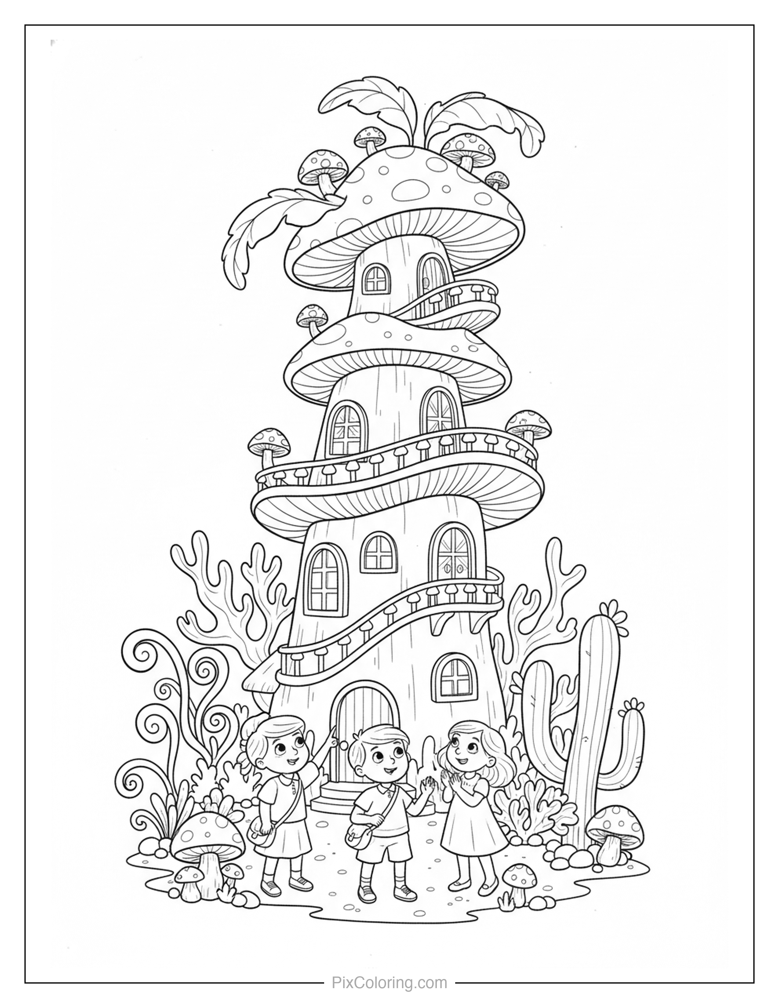 Three children standing before a grand three-tiered mushroom tower house with balconies, windows, and a cactus beside it coloring page for kids