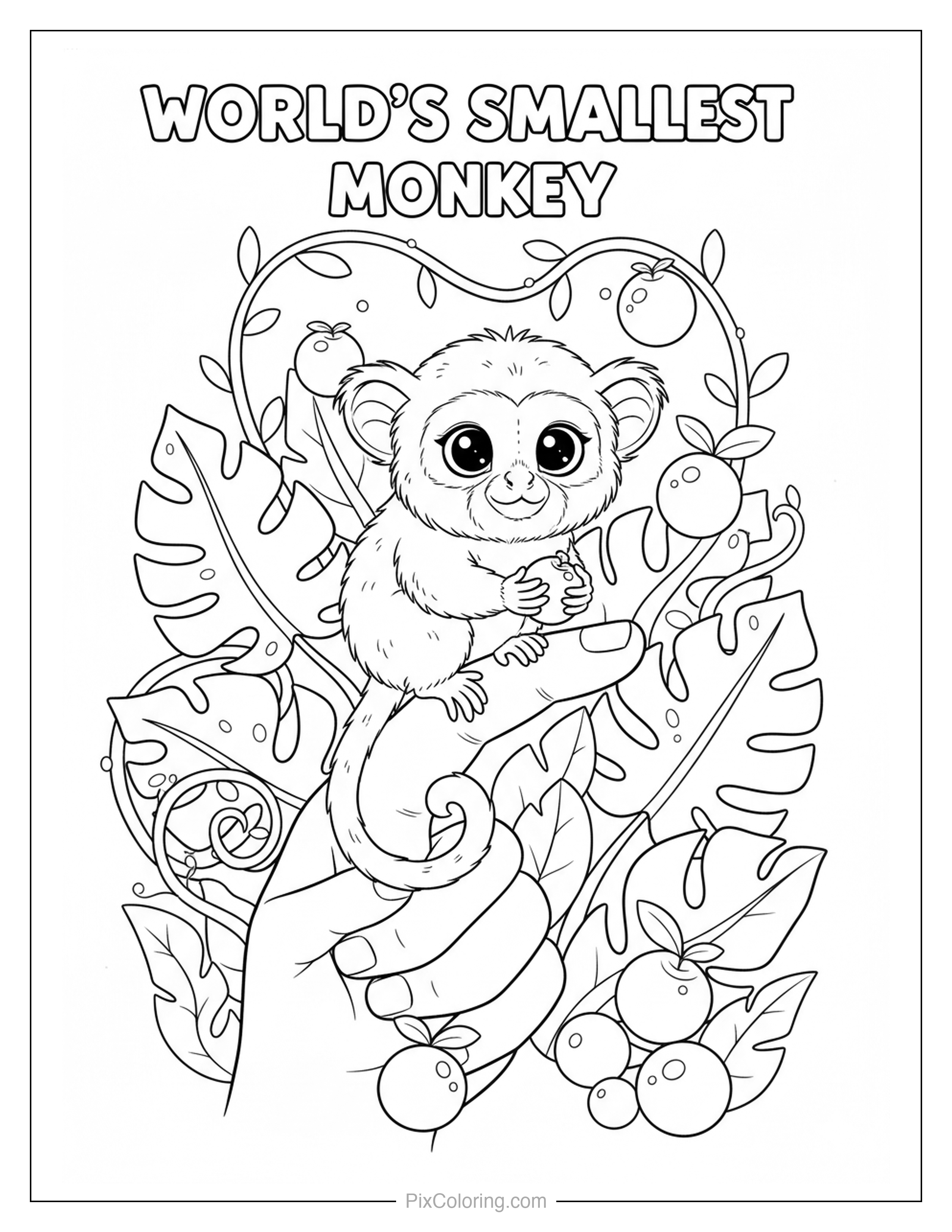 Tiny cute monkey with enormous eyes clinging to a jungle branch surrounded by tropical fruits and big monstera leaves coloring page for kids