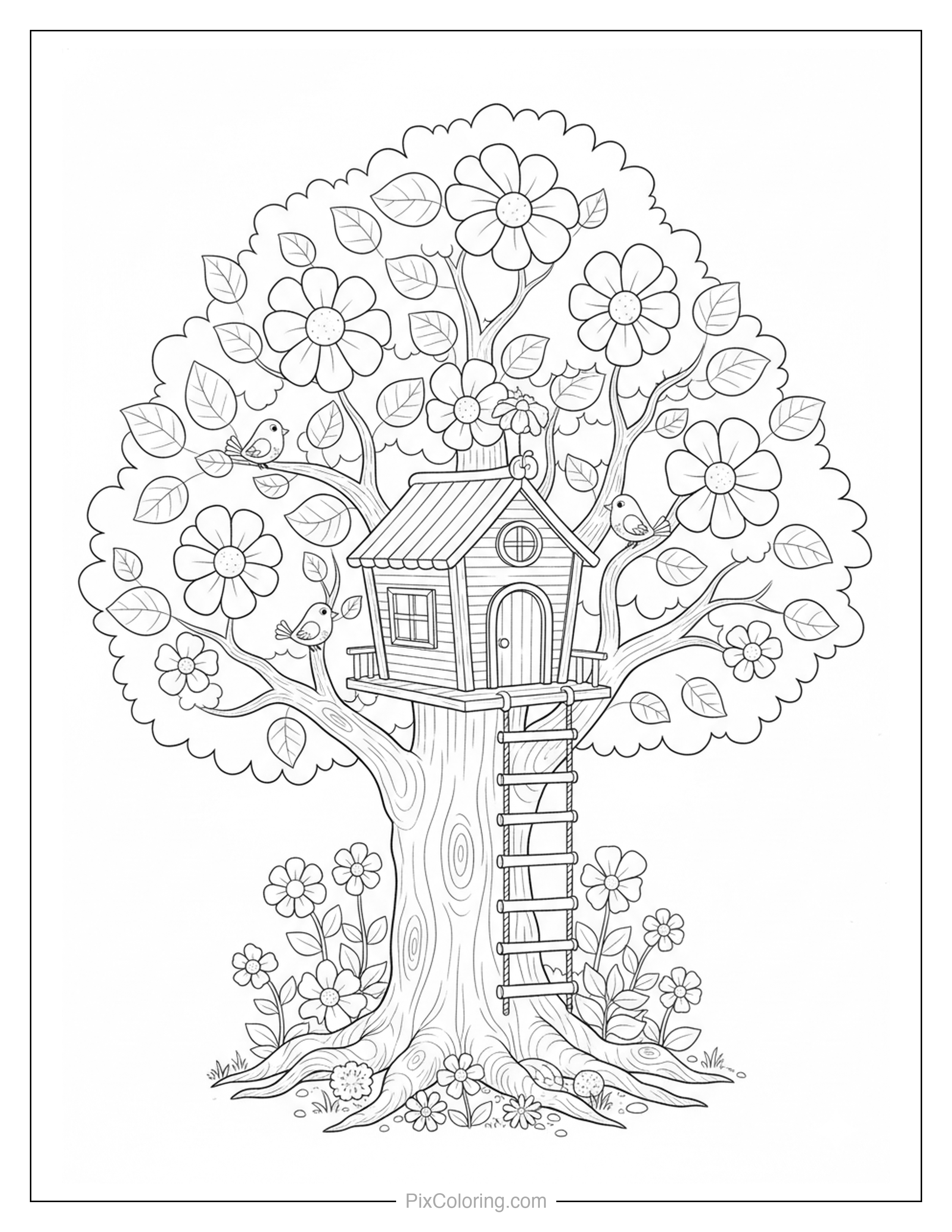 Wooden treehouse in a big blooming tree with flowers, little birds on branches, and a rope ladder coloring page for kids