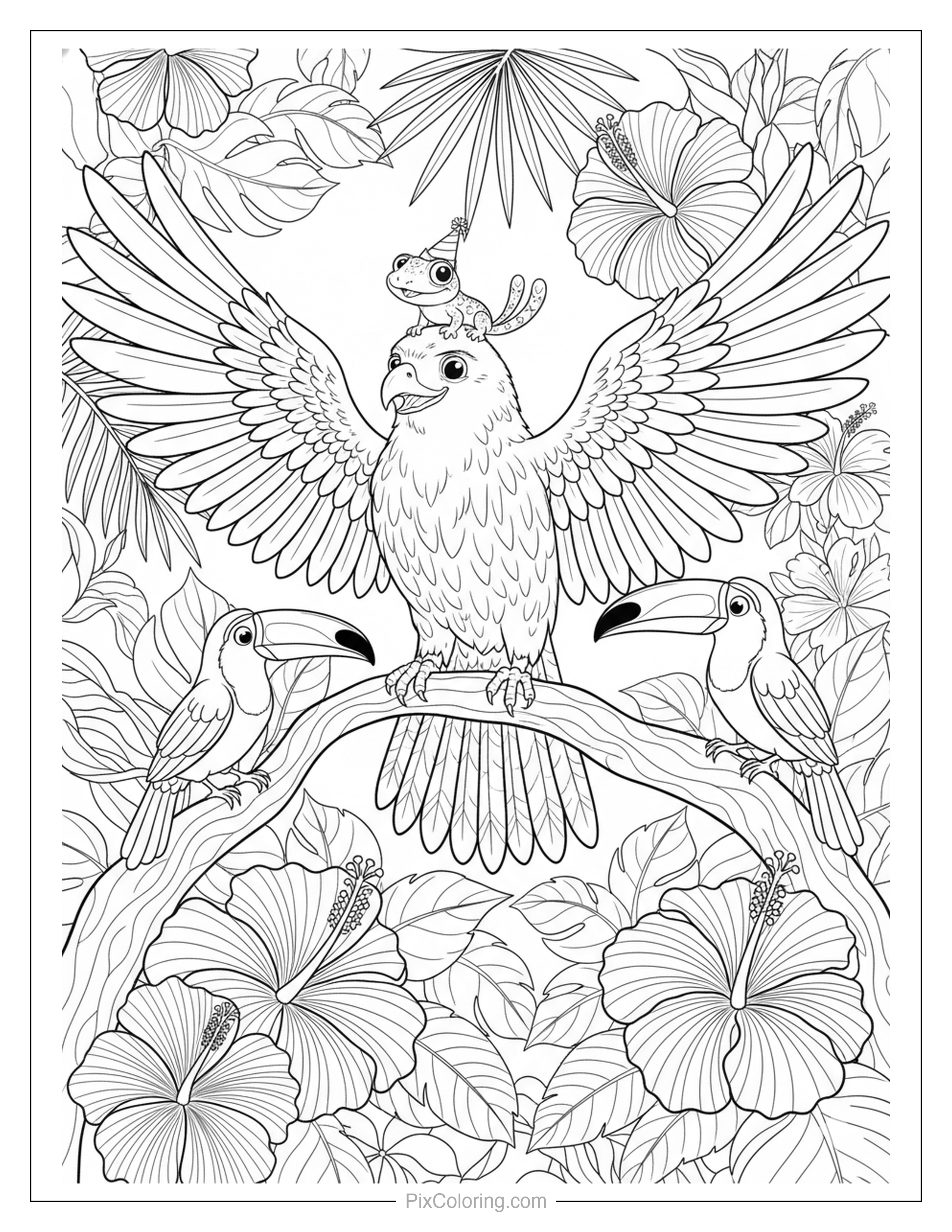 A magnificent macaw spreading its wings surrounded by toucans perched on branches with large hibiscus flowers and tropical leaves coloring page for kids