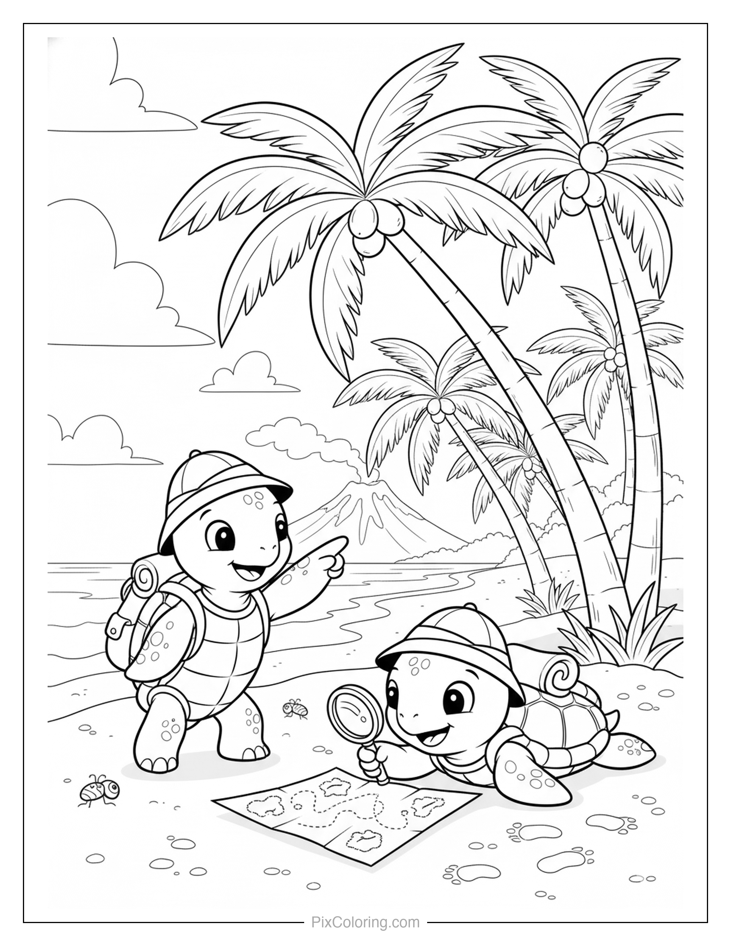Two cartoon turtle explorers looking at a treasure map on a tropical beach coloring page for kids