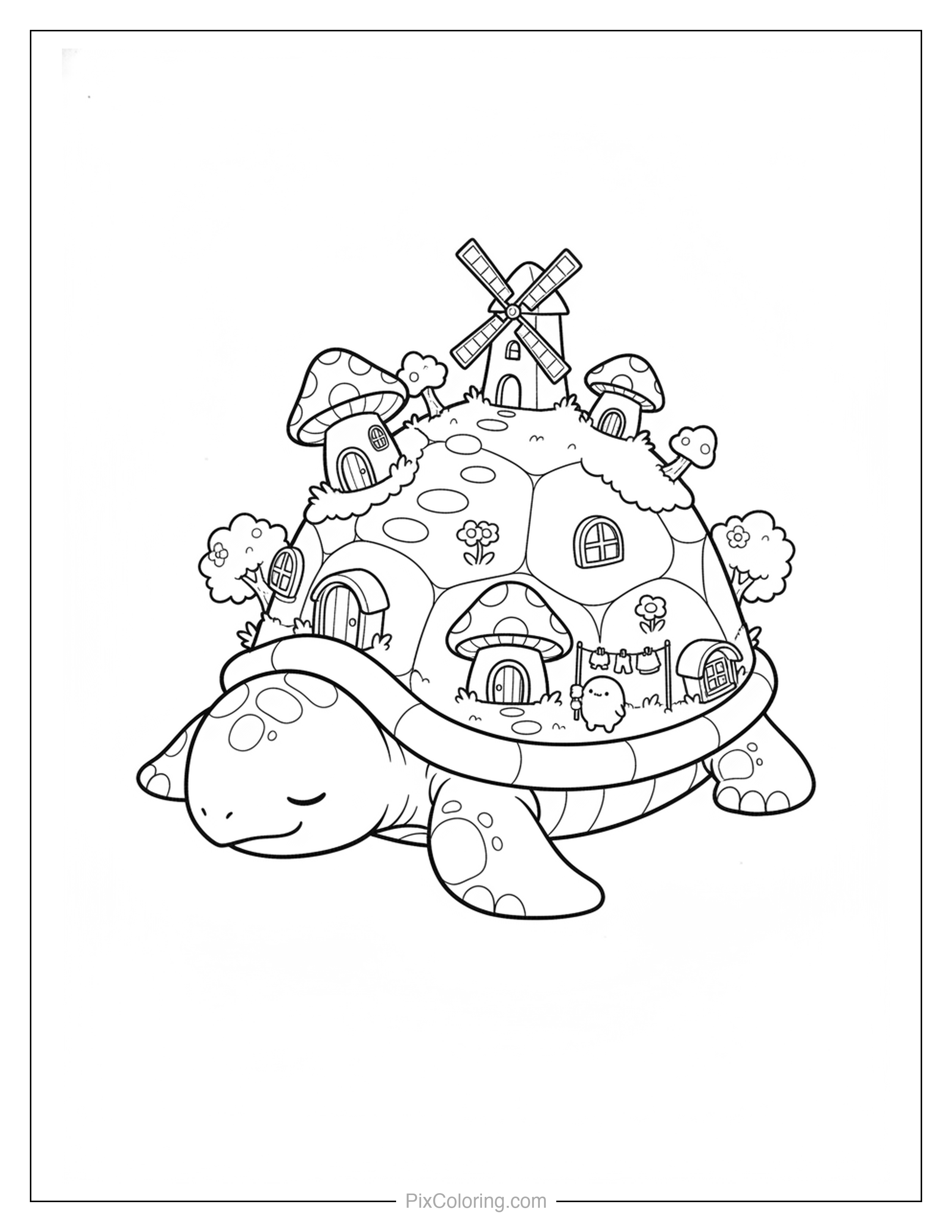 Giant turtle with a magical village of mushroom houses and a windmill on its shell coloring page for kids