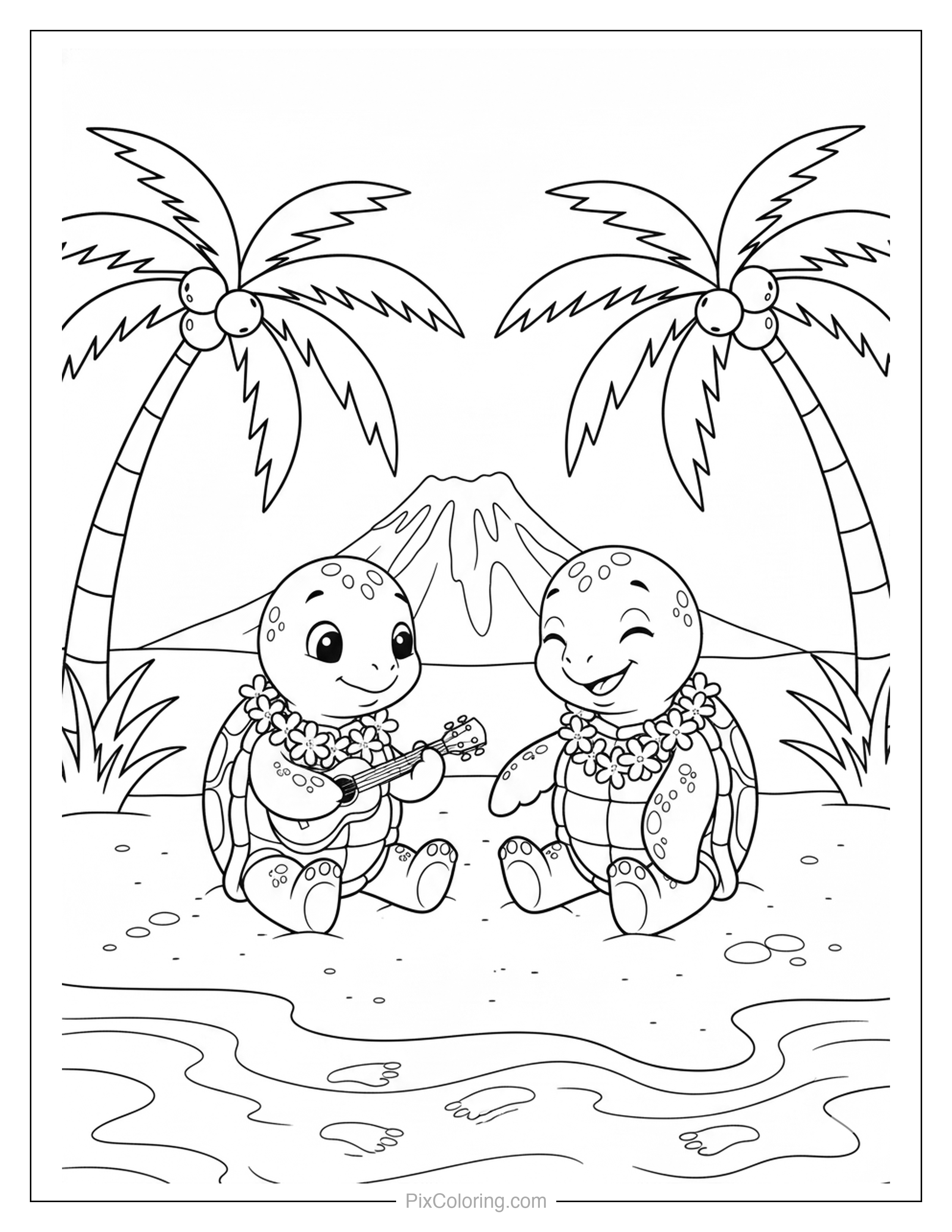 Two cute turtles with flower leis playing ukulele on a sunny beach with palm trees coloring page for kids