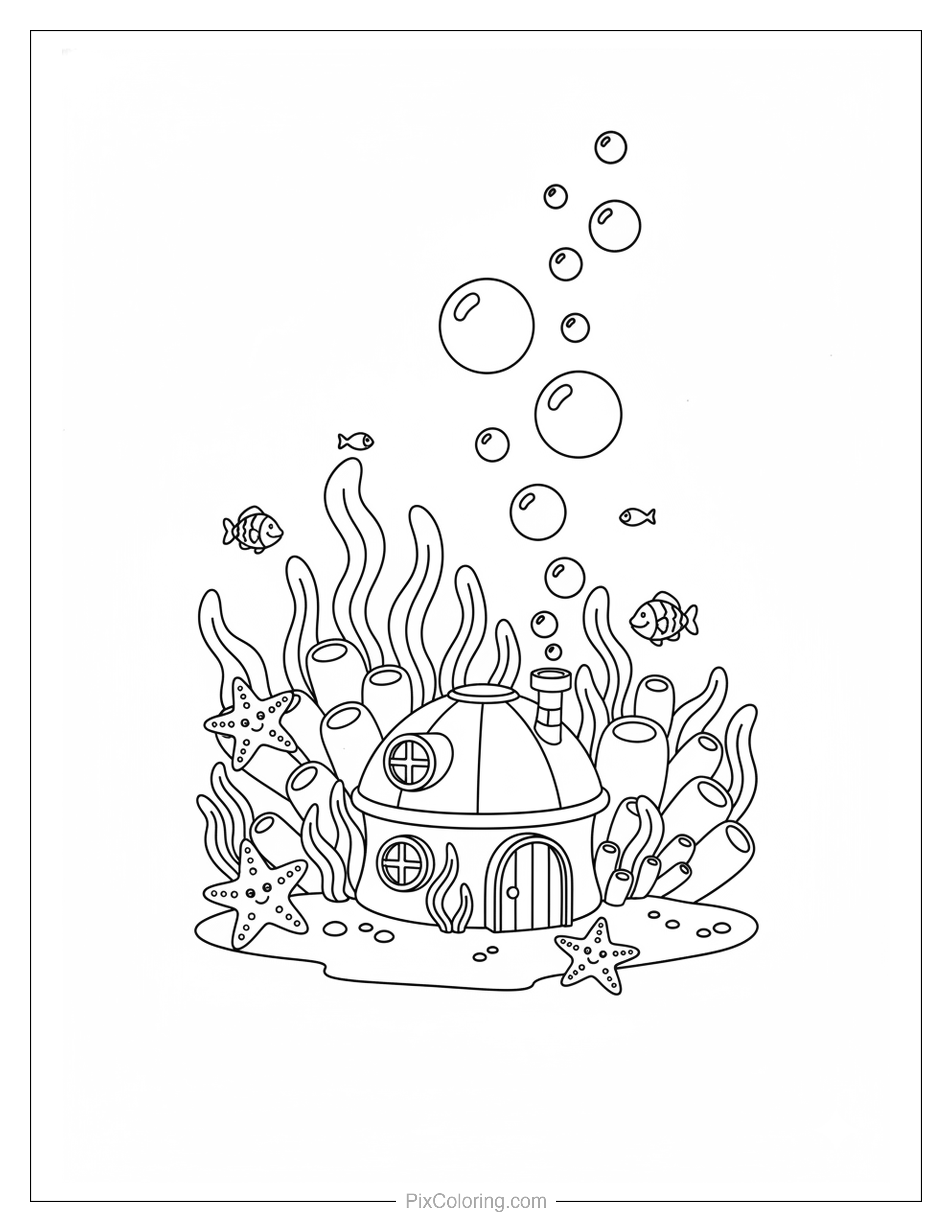 Dome-shaped underwater house on the ocean floor with fish, starfish, seaweed, and bubbles floating upward coloring page for kids
