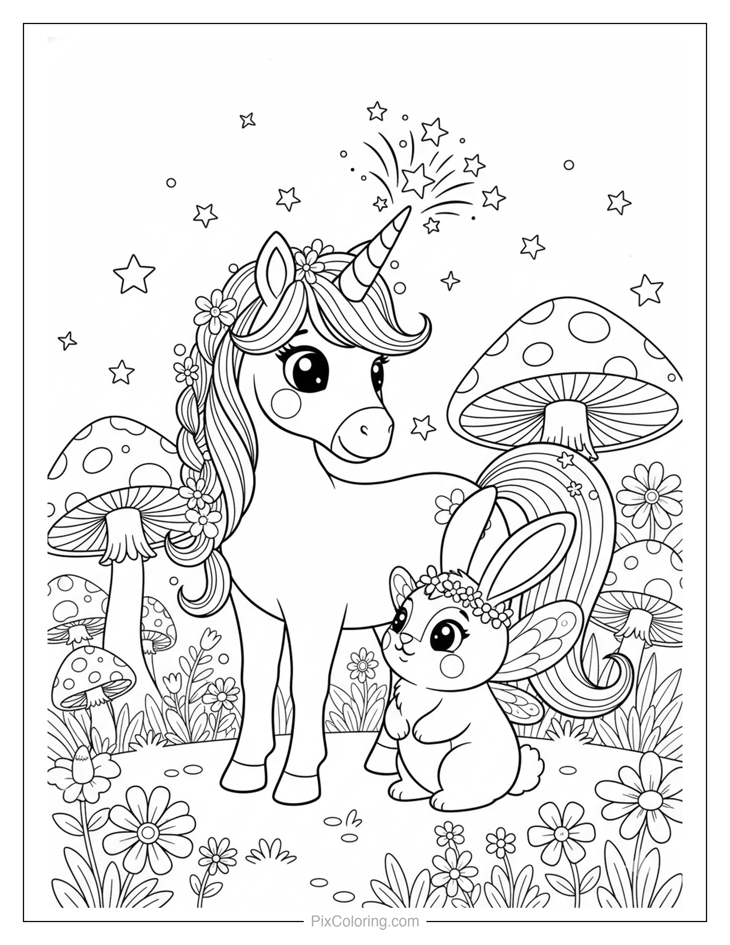 Cute unicorn and fairy bunny in a magical mushroom garden with sparkling stars and flowers coloring page for kids