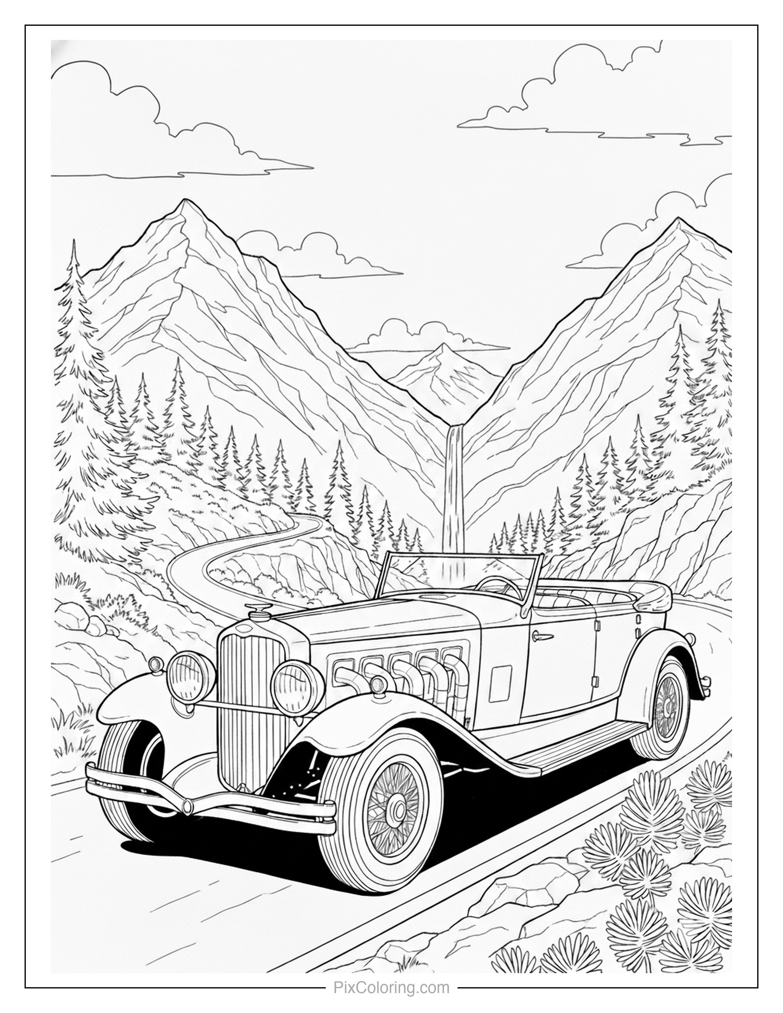 Vintage convertible car driving on a winding mountain road with pine trees and peaks coloring page for kids