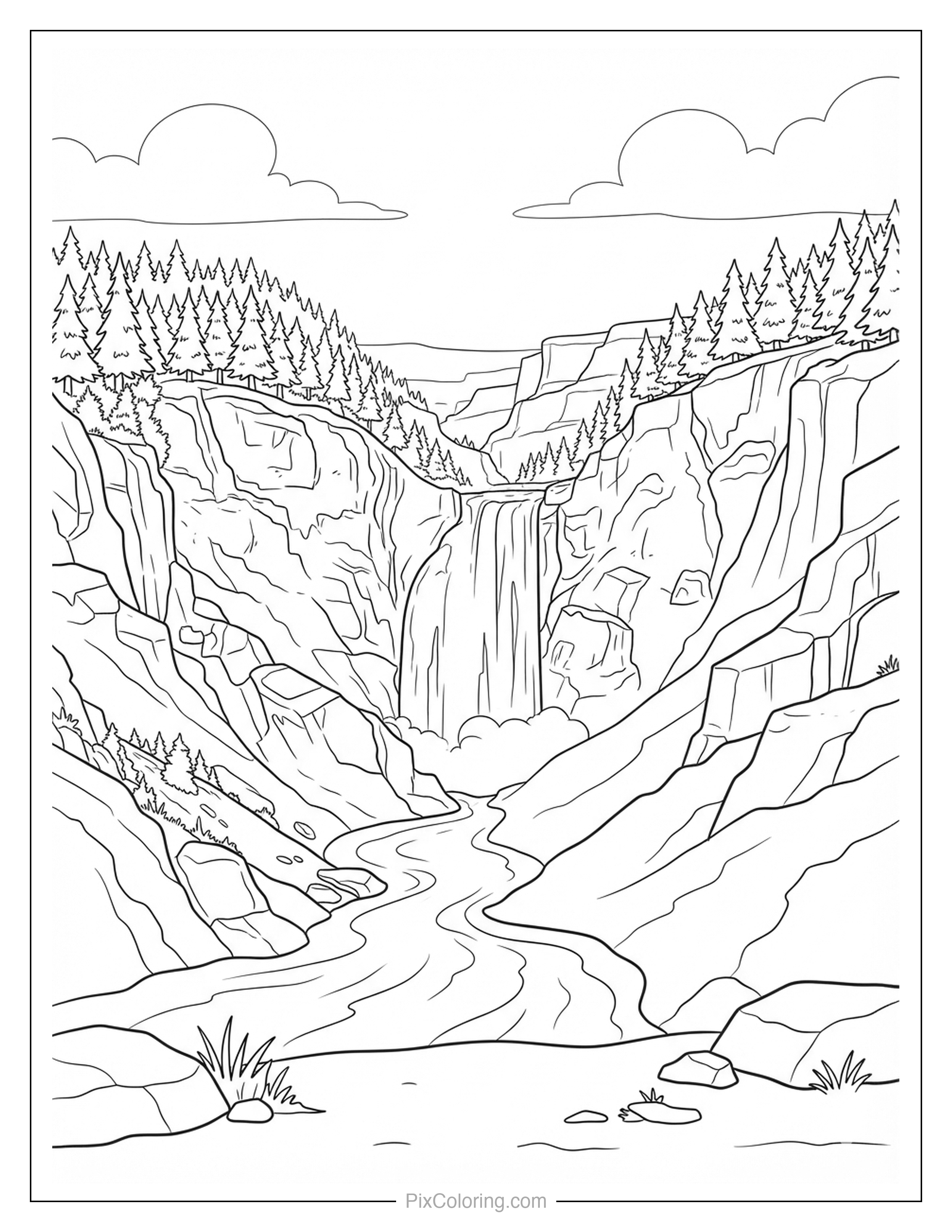 Tall waterfall cascading down a rocky canyon into a winding river coloring page for kids