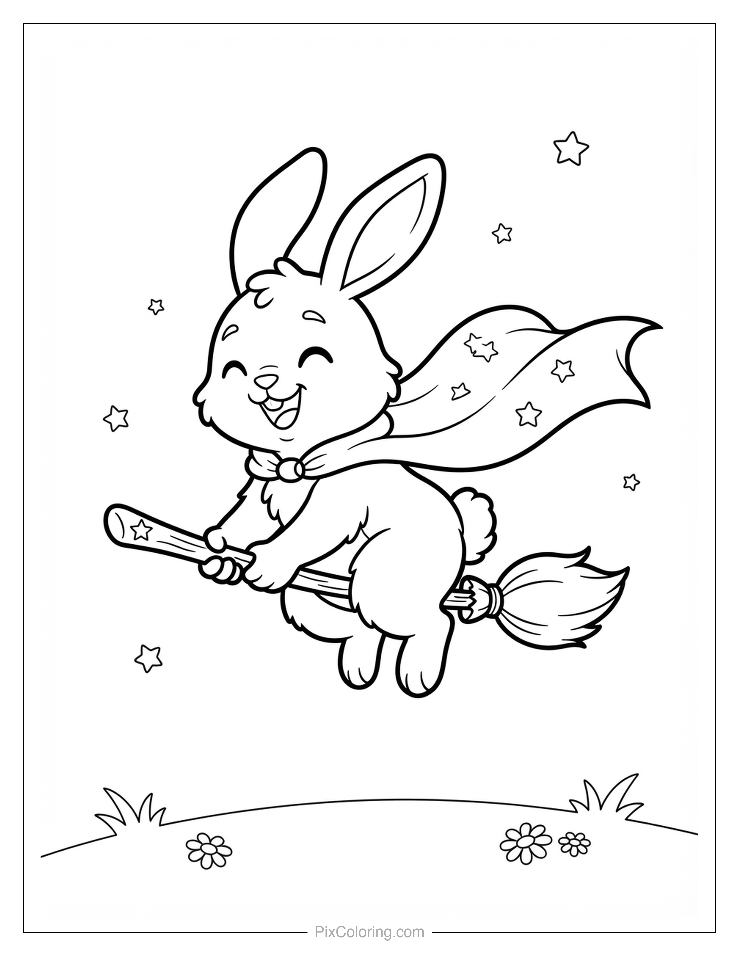 Cute cartoon bunny wearing a starry cape flying on a broomstick among stars coloring page for kids