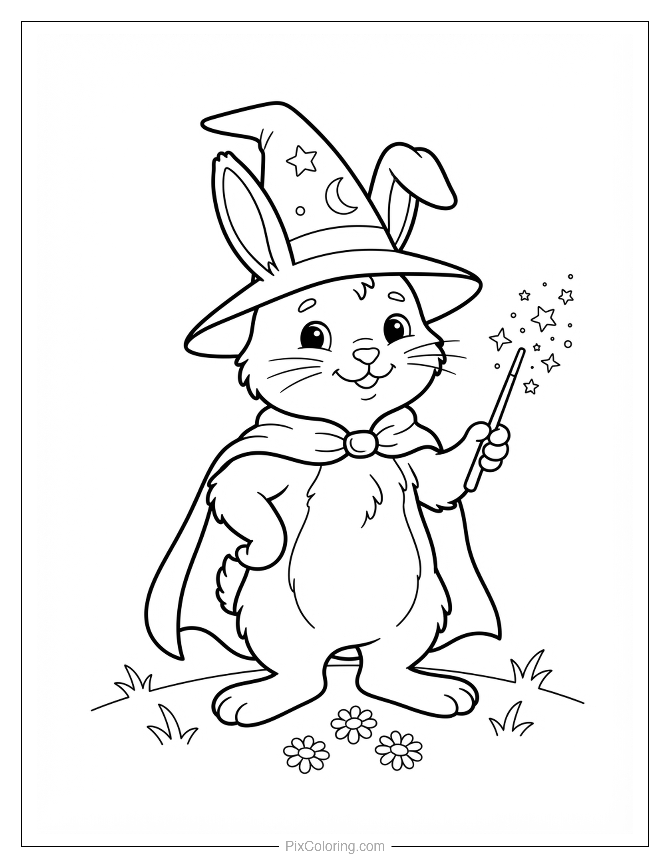 Cute cartoon bunny dressed as a wizard with a hat and cape casting sparkly magic with a wand coloring page for kids