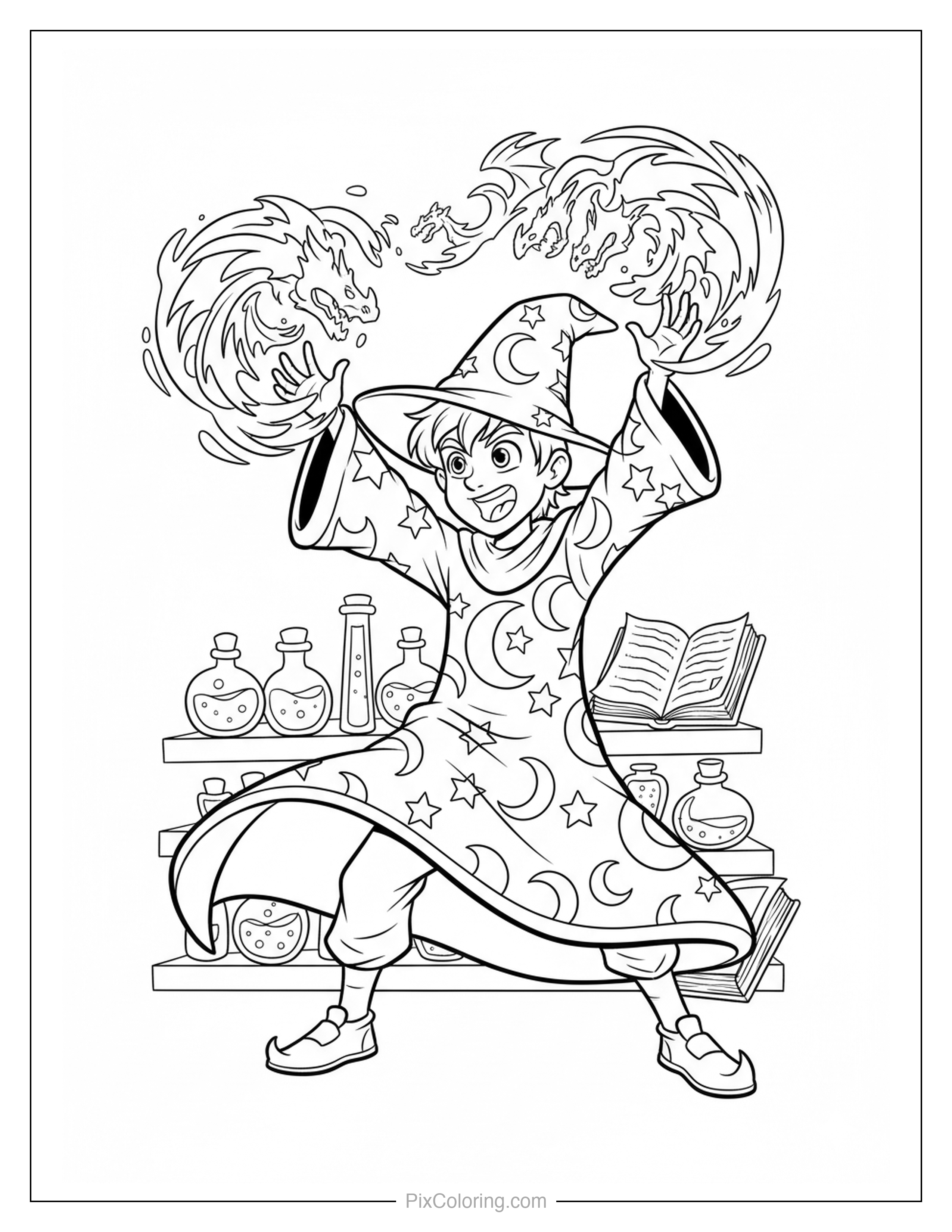 Excited wizard casting spells in a room full of potions, spell books, and magical fire coloring page for kids