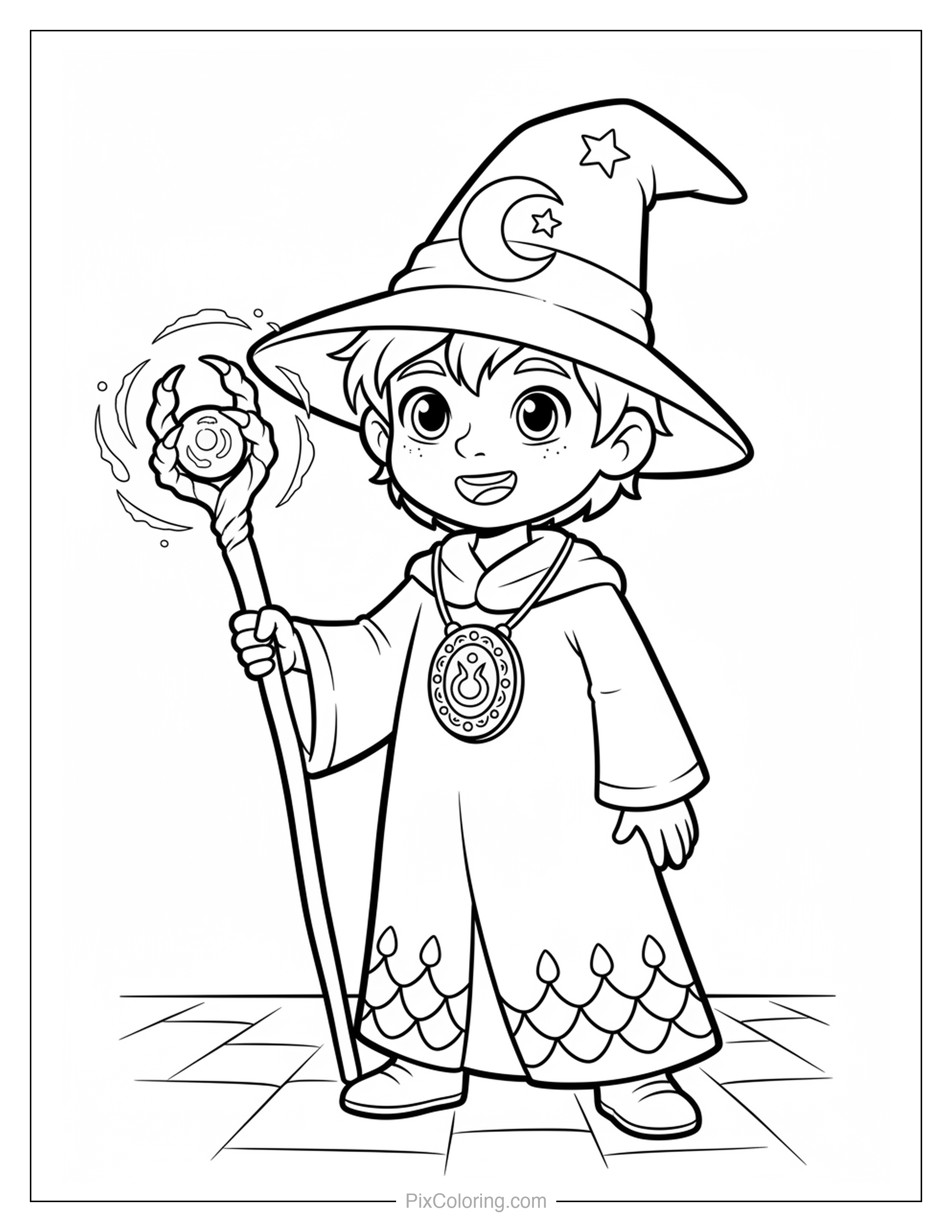 Young wizard in a star and moon hat holding a glowing magical staff coloring page for kids